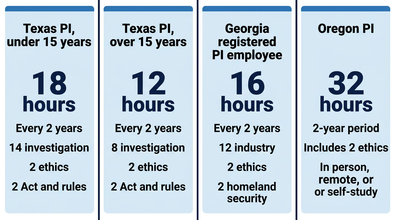 Four-column comparison of Texas, Georgia, and Oregon private investigator continuing education hour requirements and subject rules.