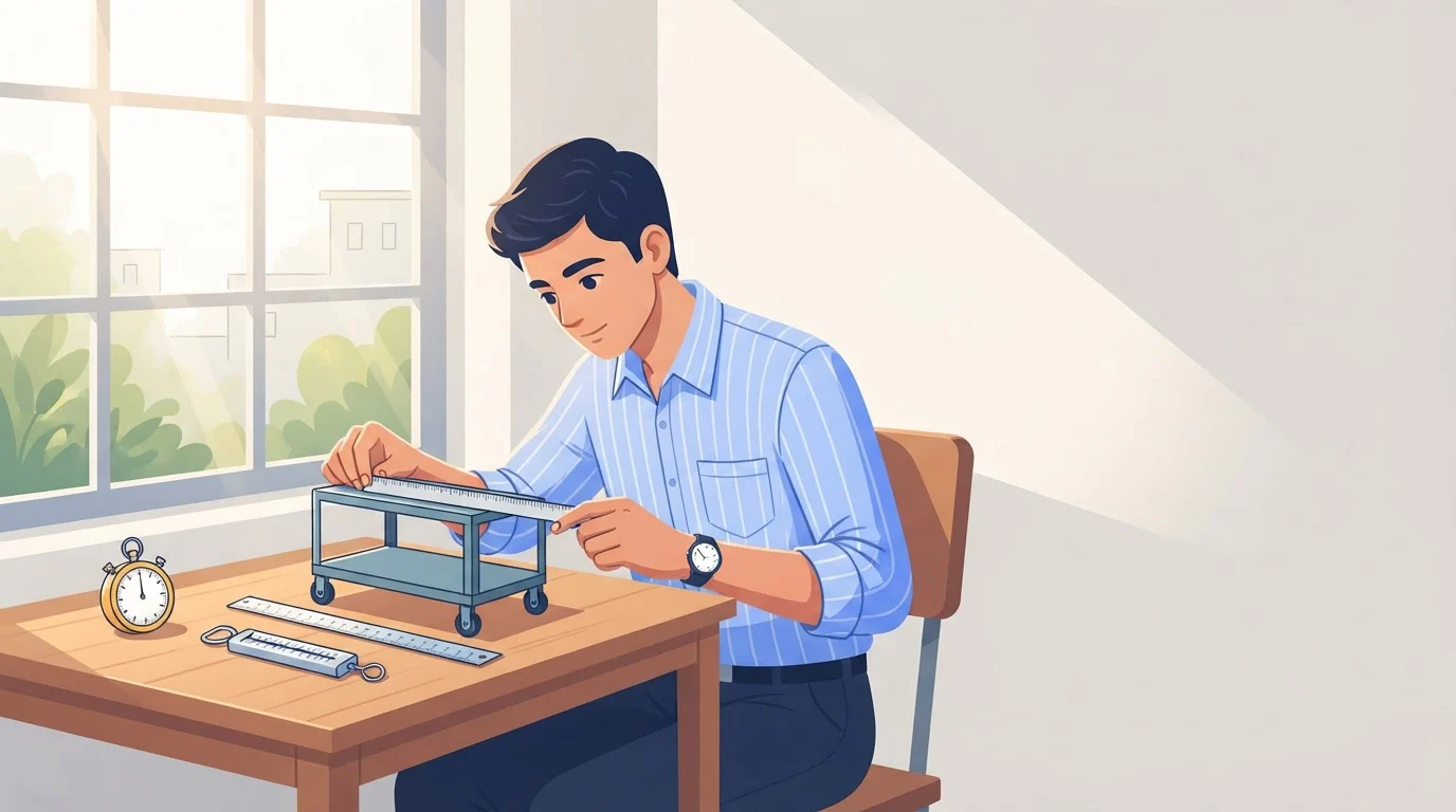 A student at a desk measures a small trolley with a ruler, with a stopwatch and spring balance beside it.