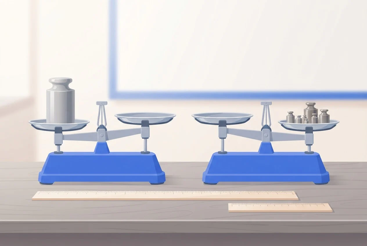 Two balances with a large mass and small weights, beside a long ruler and a short ruler on a bench.