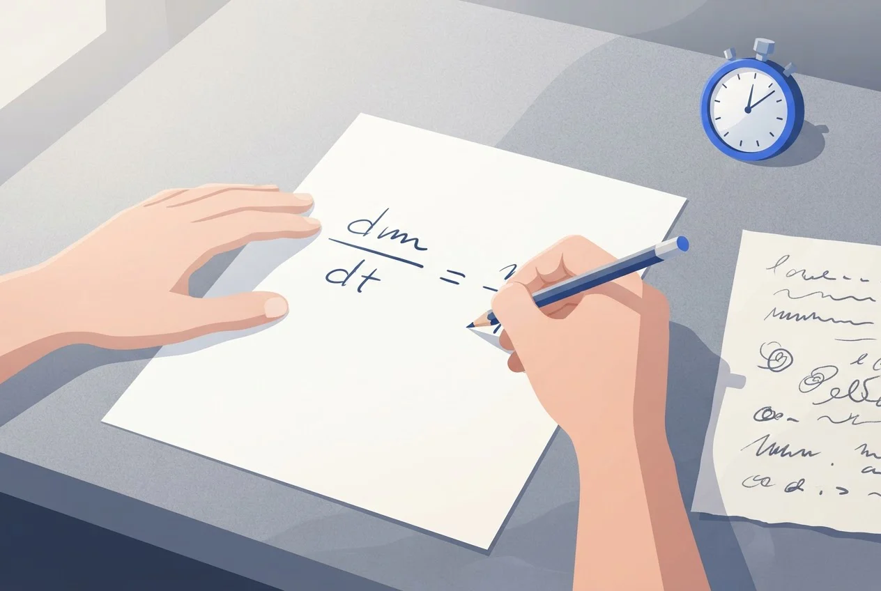 A student's hands working through an equation on paper, with a stopwatch beside the page.