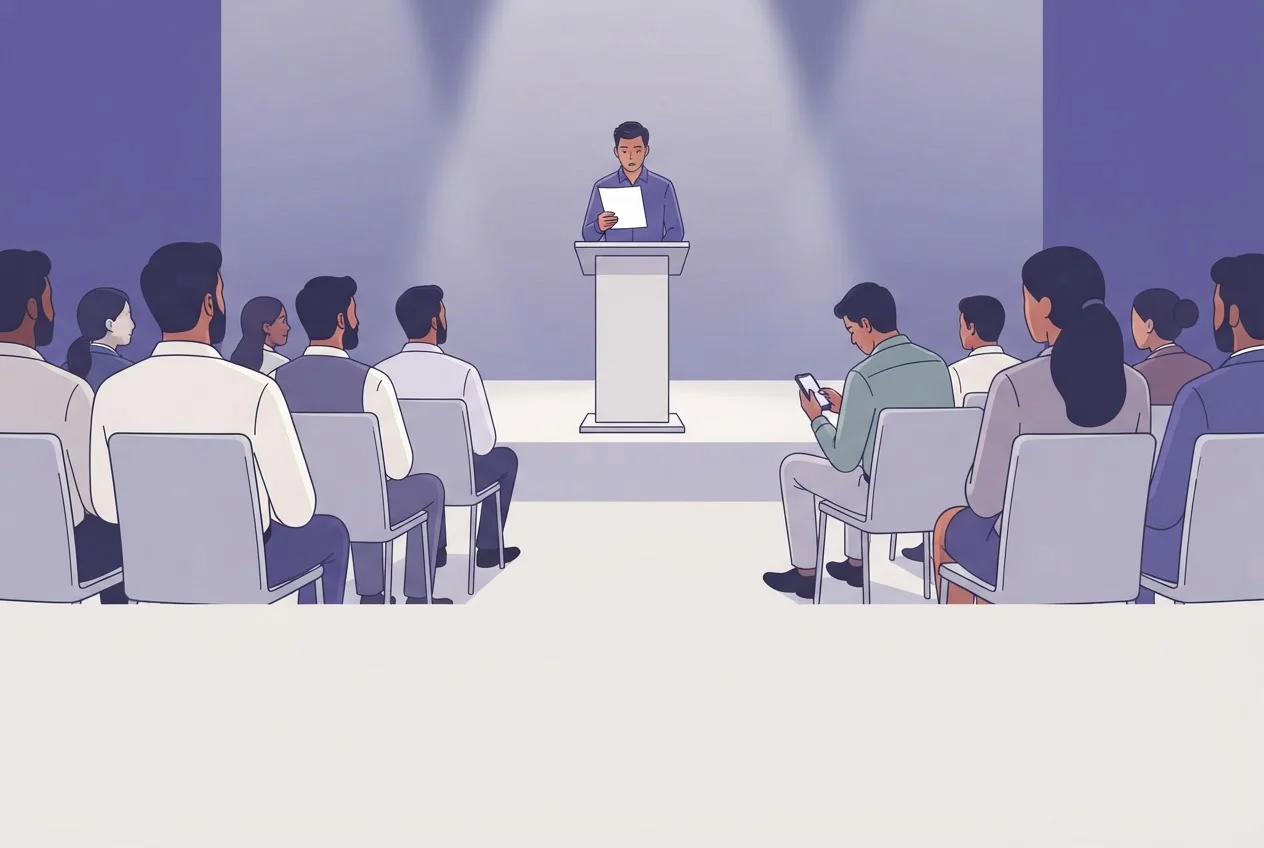 A host reads from a sheet at a lectern while a seated audience, seen from behind, listens.