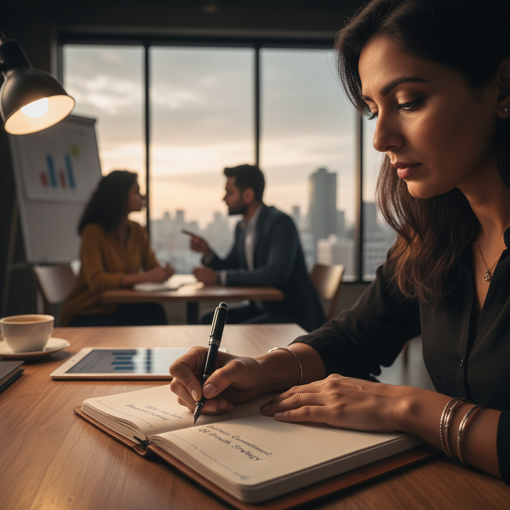 Founder documenting an accountability commitment after a peer meeting
