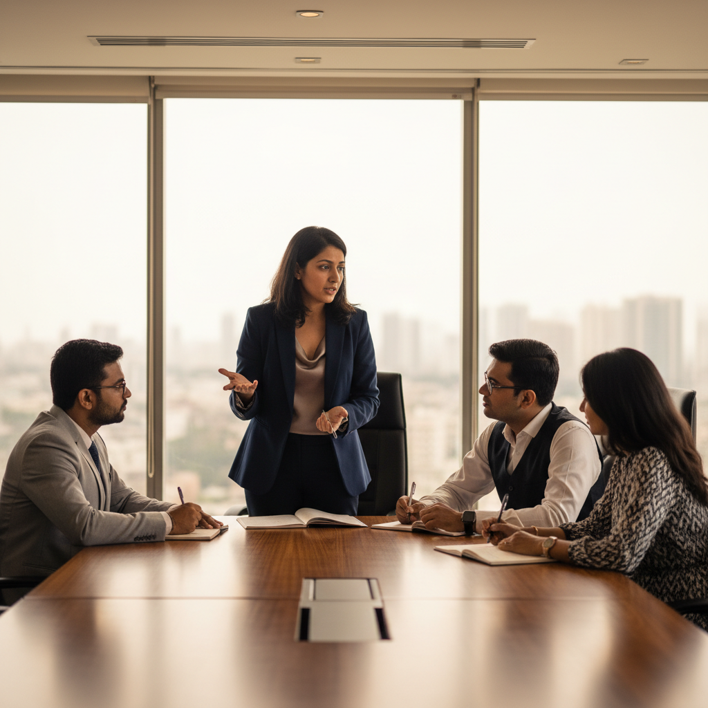 A diverse group of Indian business founders engaged in a focused peer advisory session around a modern conference table.