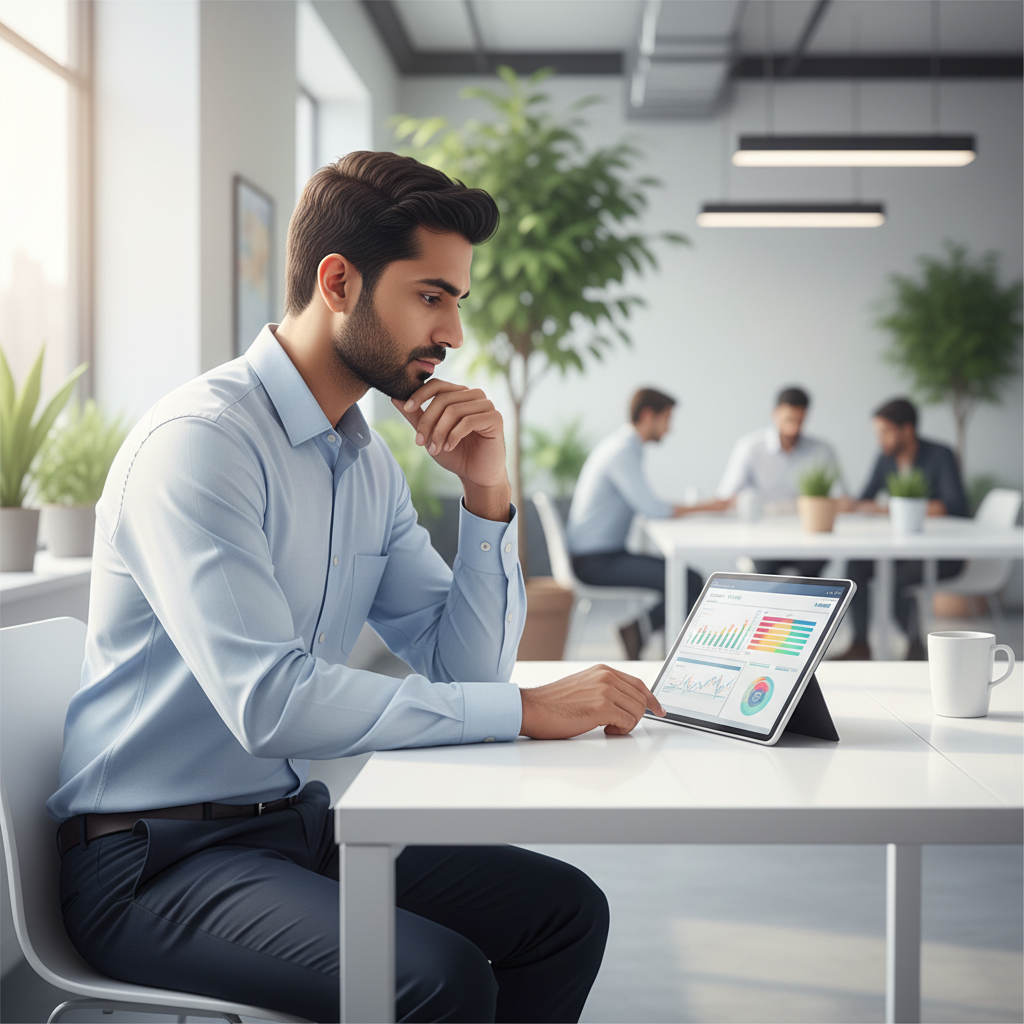An Indian business owner reviewing a checklist on a tablet in a bright, modern office space.