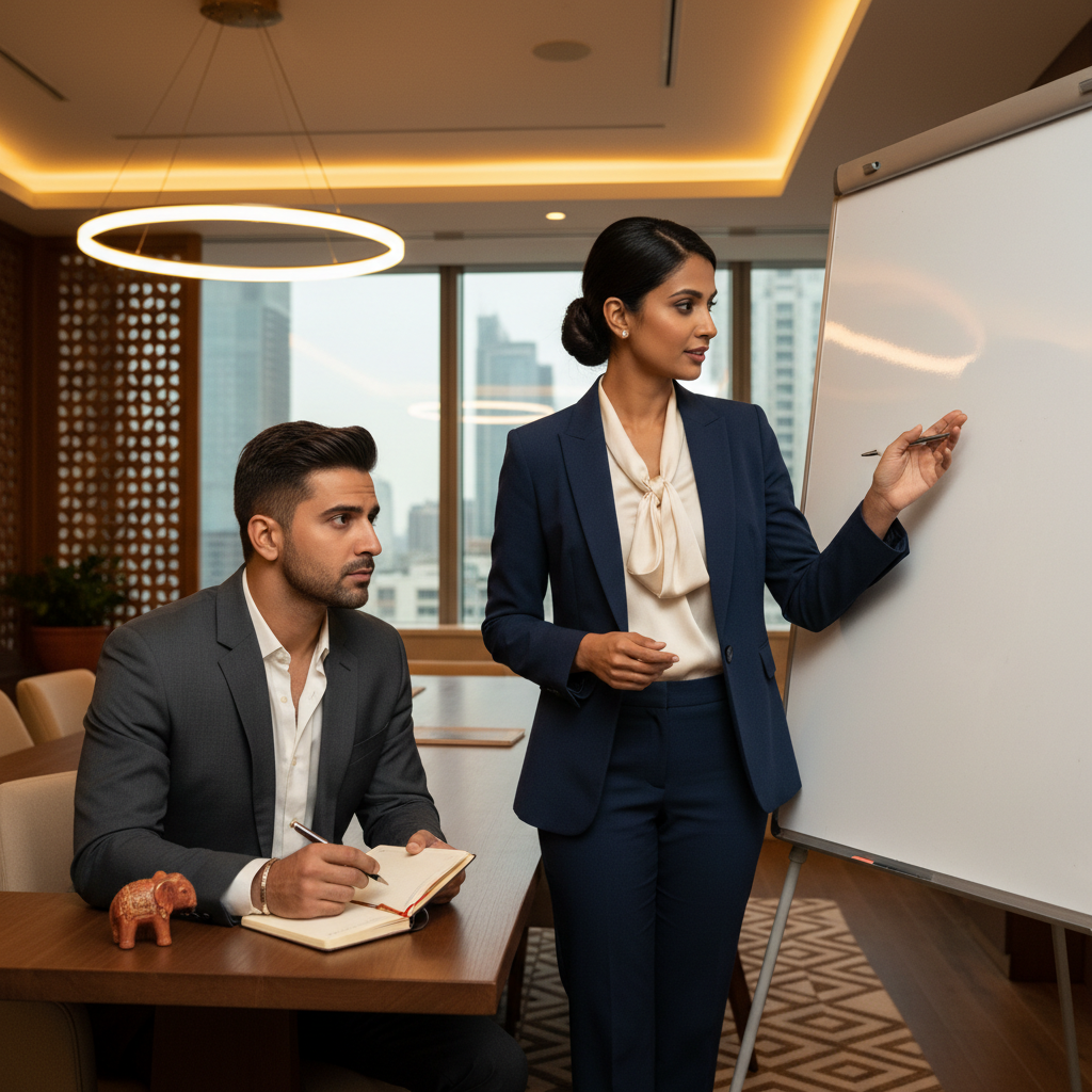 A professional consulting session between an Indian female business coach and a founder in a stylish office.