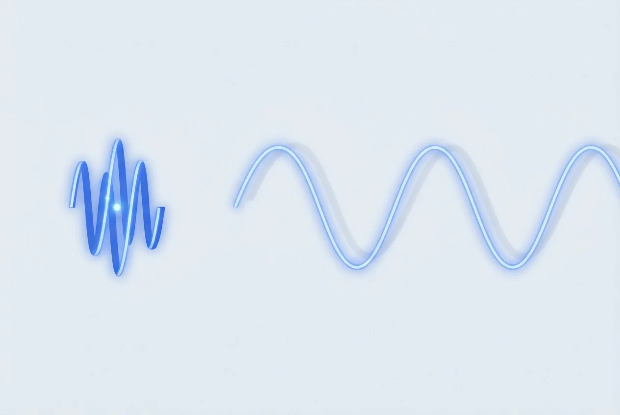 A tight wave packet beside a long spread-out wave, showing a particle confined versus a wide range of wavelengths.