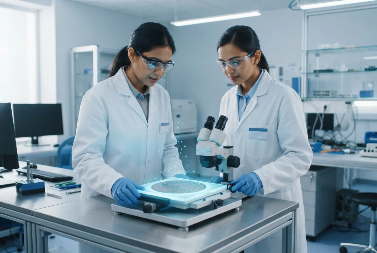 An engineer inspects a silicon wafer in a lab while tiny glowing dots seep through a thin layer on it.