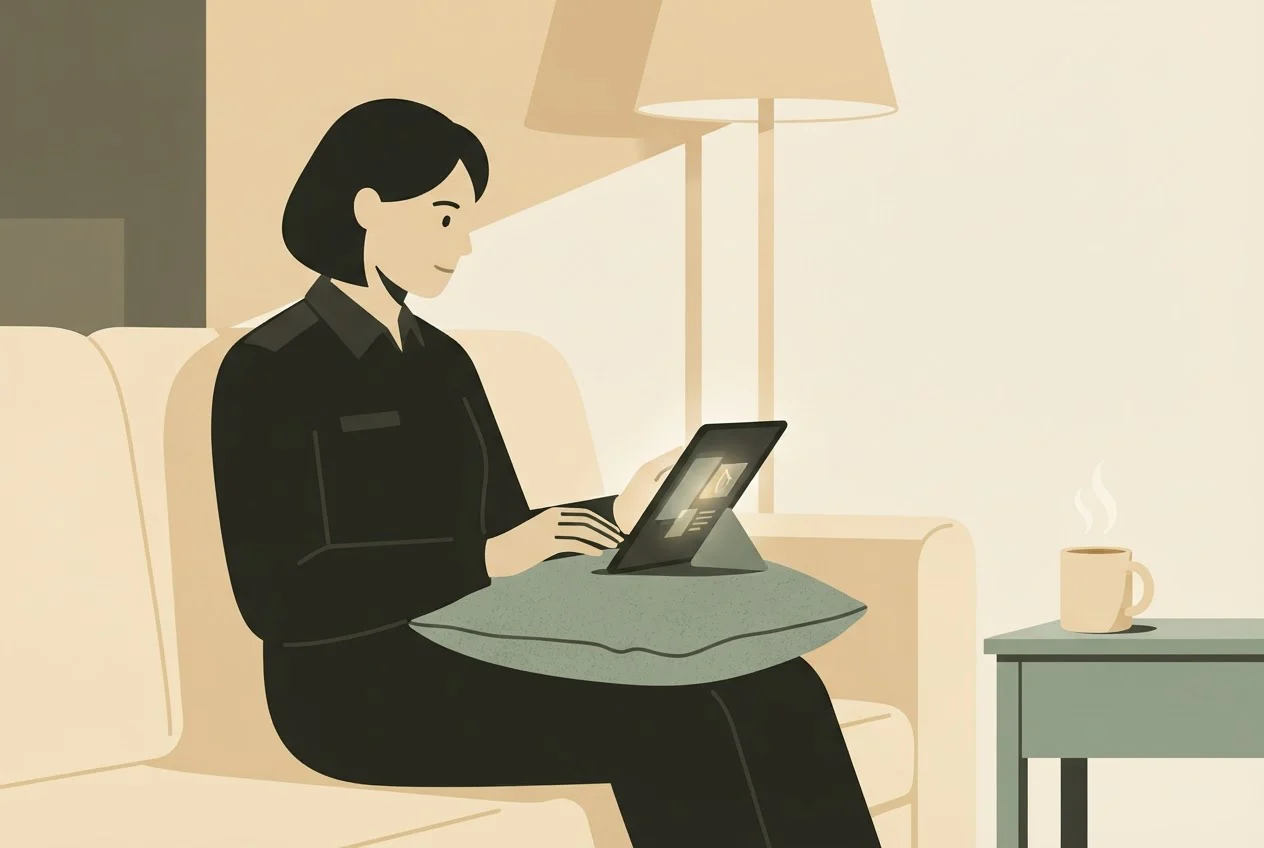 A uniformed security guard works through a self-paced online course on a tablet at home in the evening.