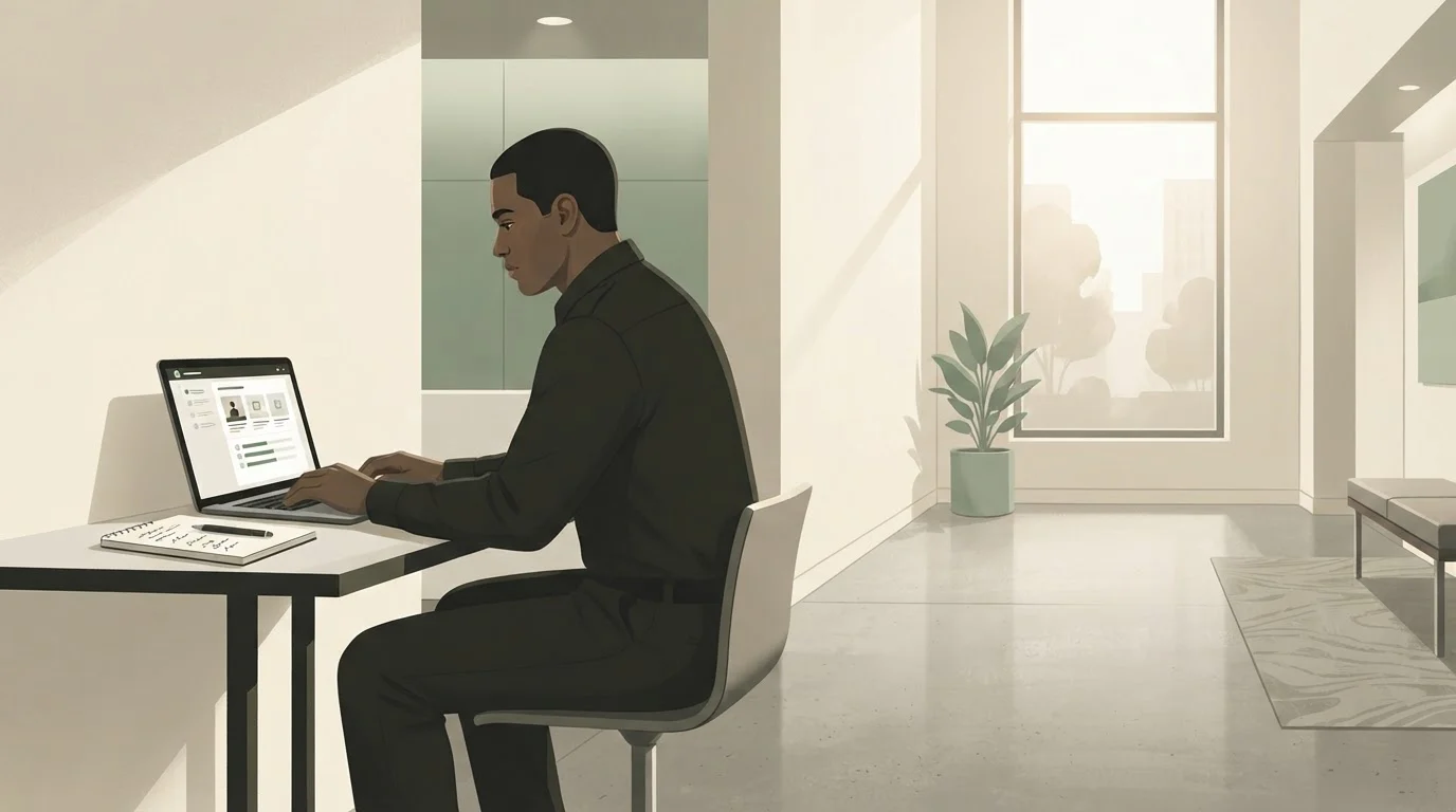 A security guard in uniform studies an online training course on a laptop at a desk in a quiet building lobby.