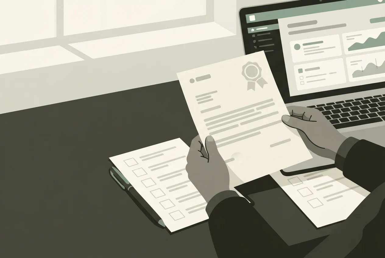 A guard's hands rest on a renewal letter and a checklist beside a laptop showing a course page.