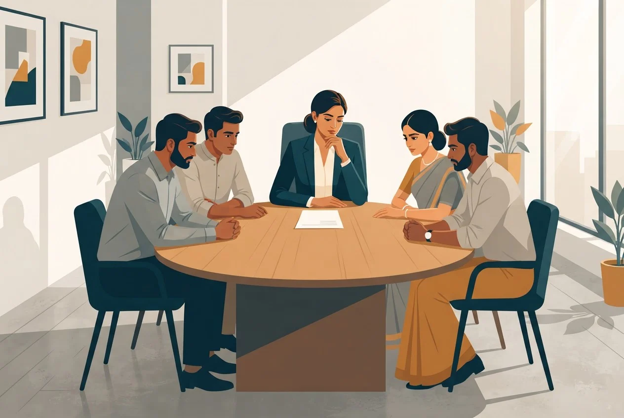 Six professionals around a boardroom table look at a single sheet of paper placed at the centre while the chair rests a hand beside it.