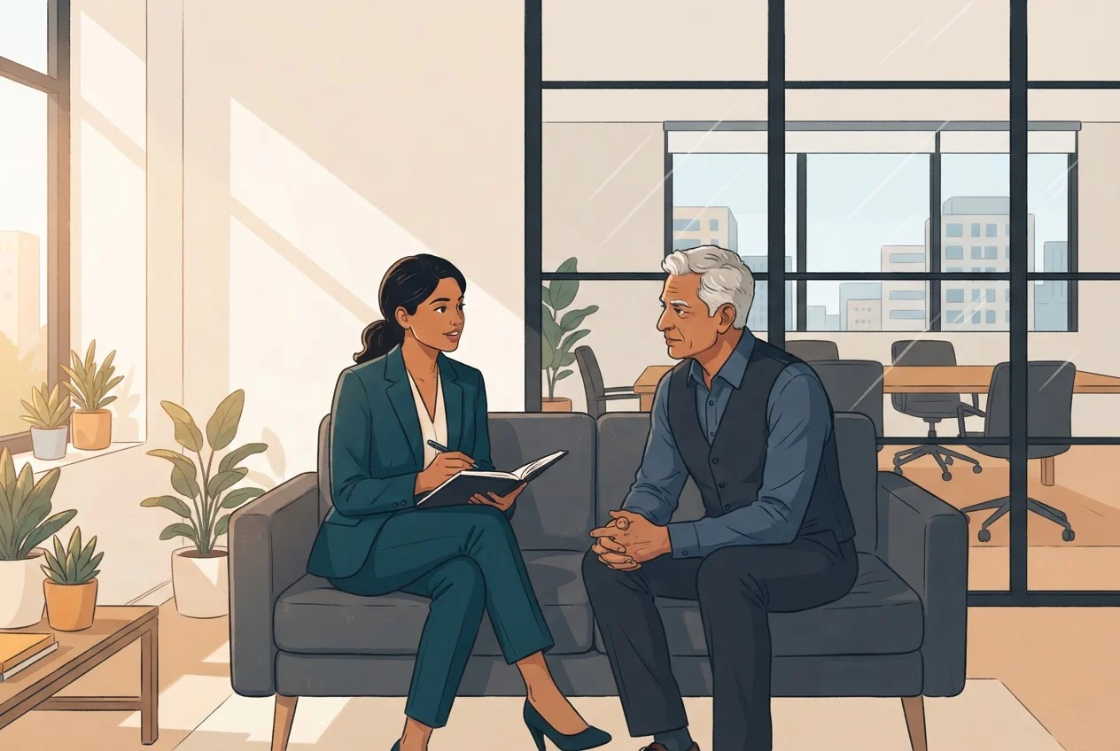 A program manager and a senior executive talk one-to-one on a sofa in a quiet office corner, with a meeting room behind glass.