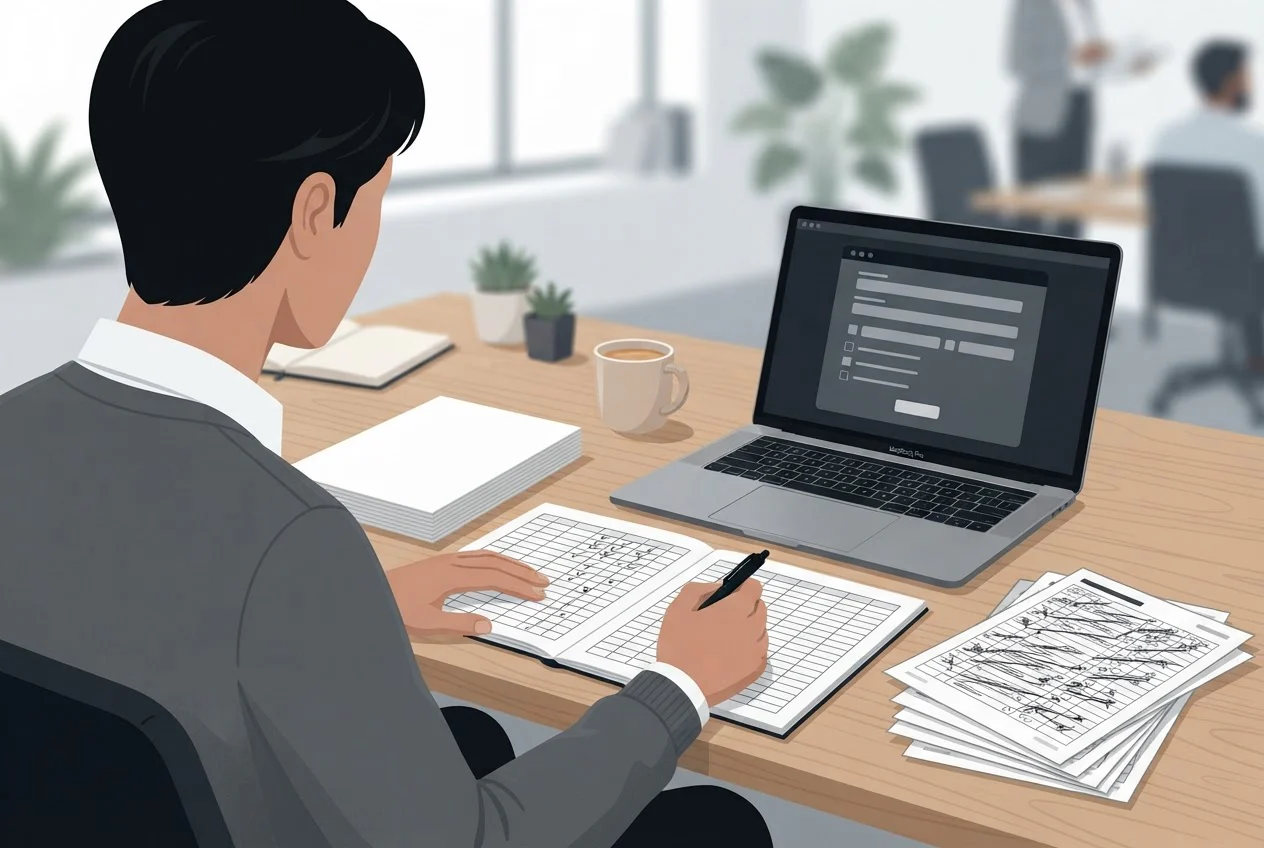 A worker filling in a paper grid ledger from a stack of printed answer sheets at a desk, with a laptop nearby.