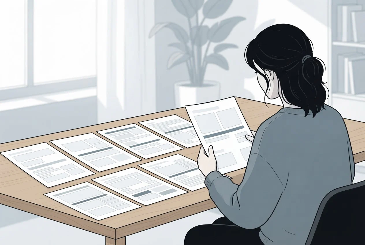 An analyst compares several printed answer sheets laid side by side, each laid out differently.