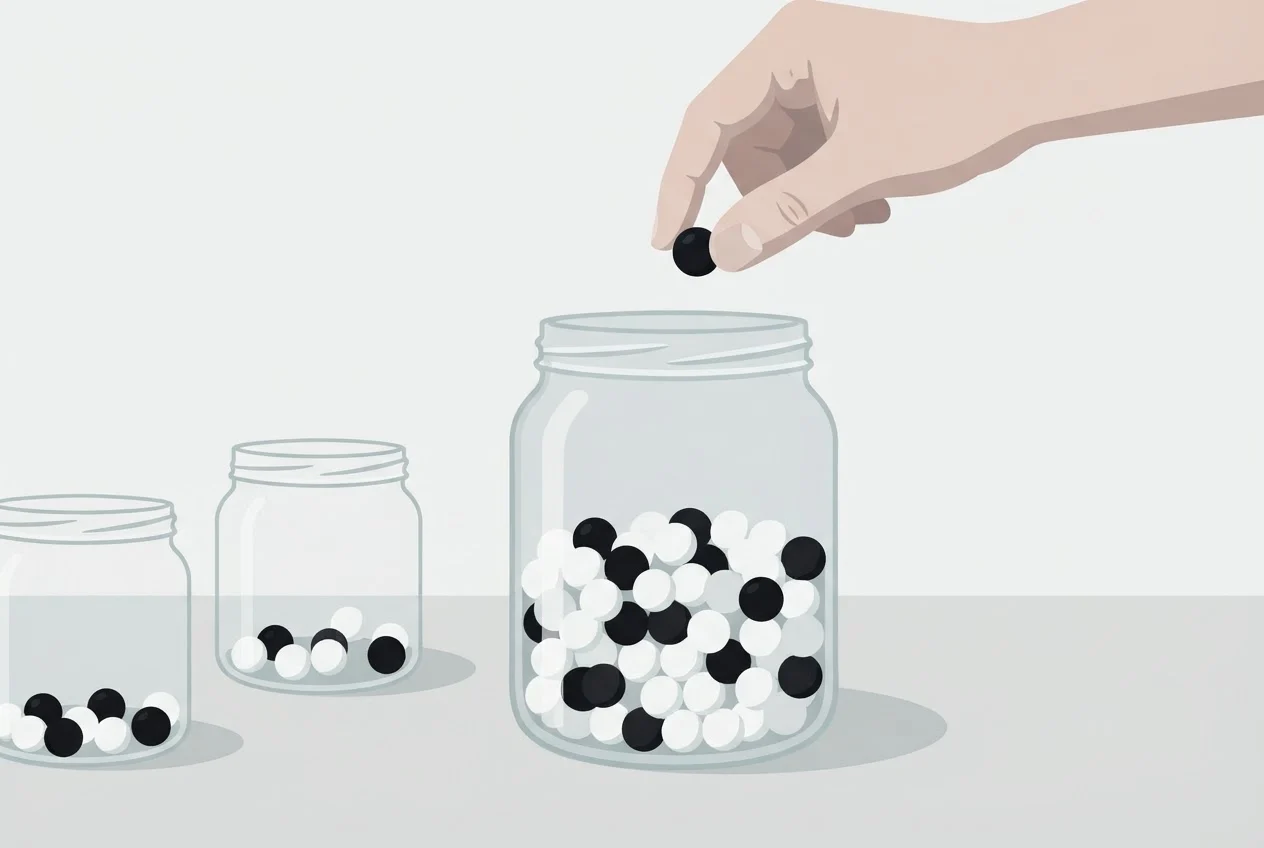 A hand drops marbles into a glass jar beside two smaller jars holding only a few marbles each.