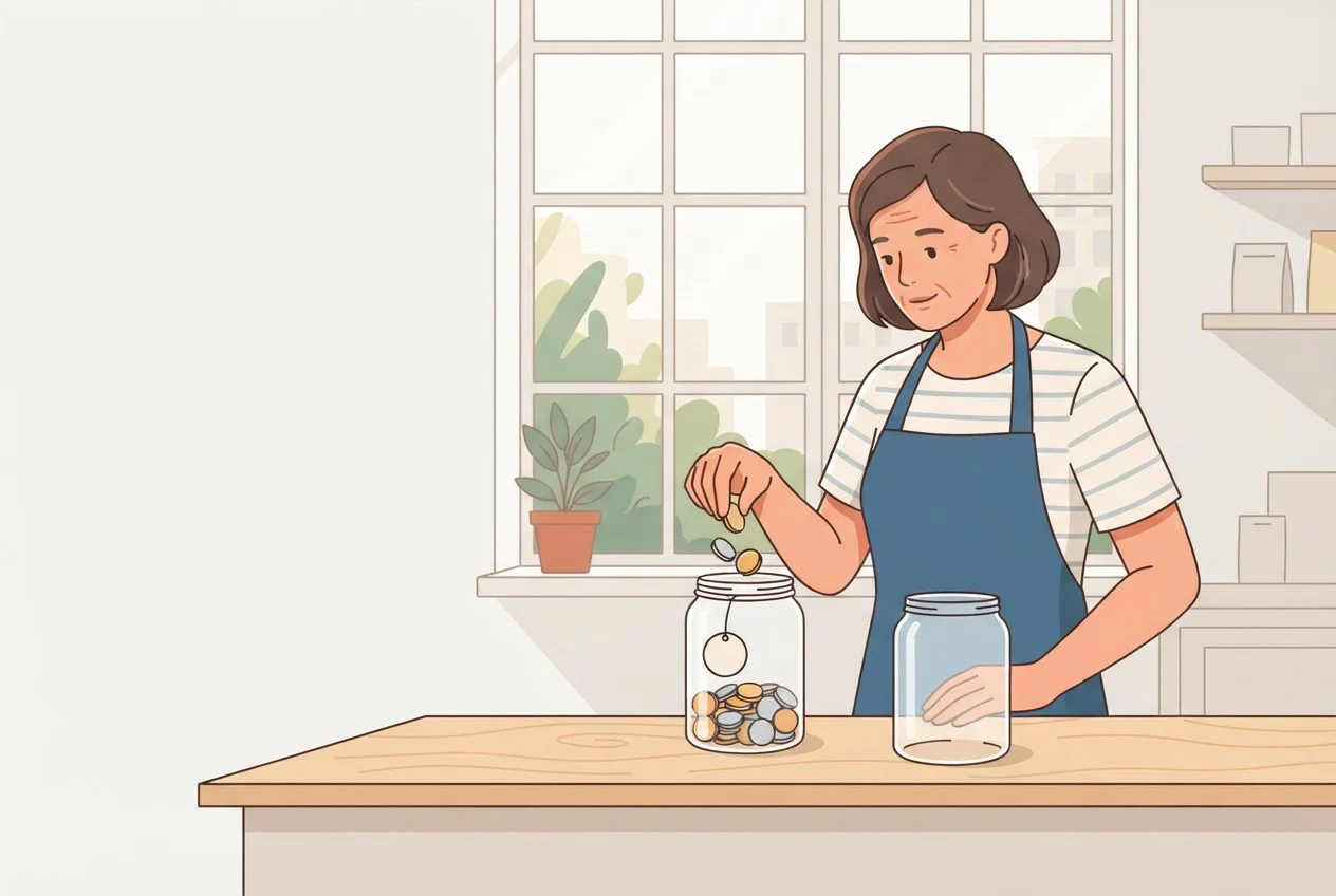 A shop owner drops coins into a glass jar at her counter while an empty jar sits beside it.