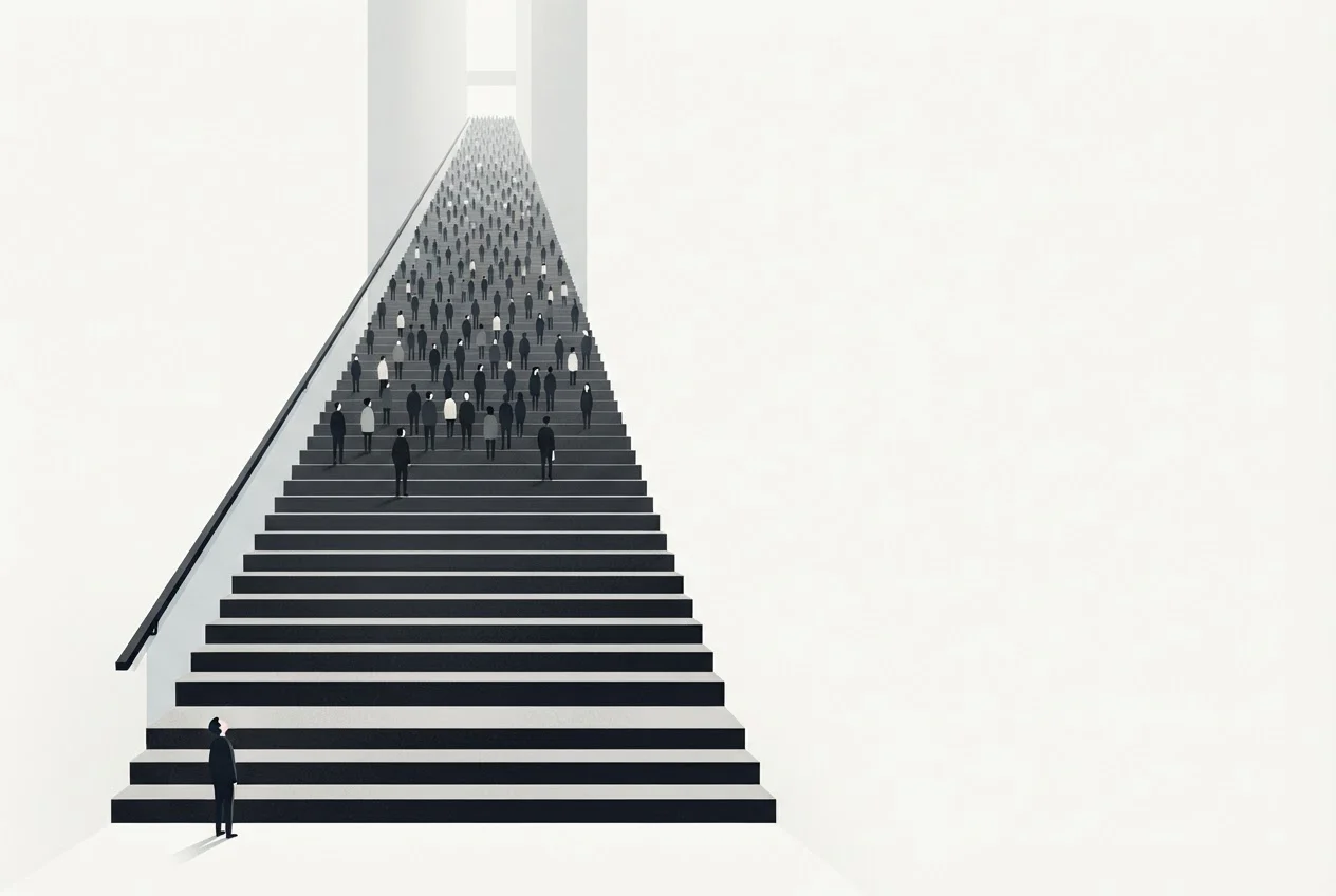 A single figure stands at the foot of a crowded staircase, looking up at many people already on the upper steps.