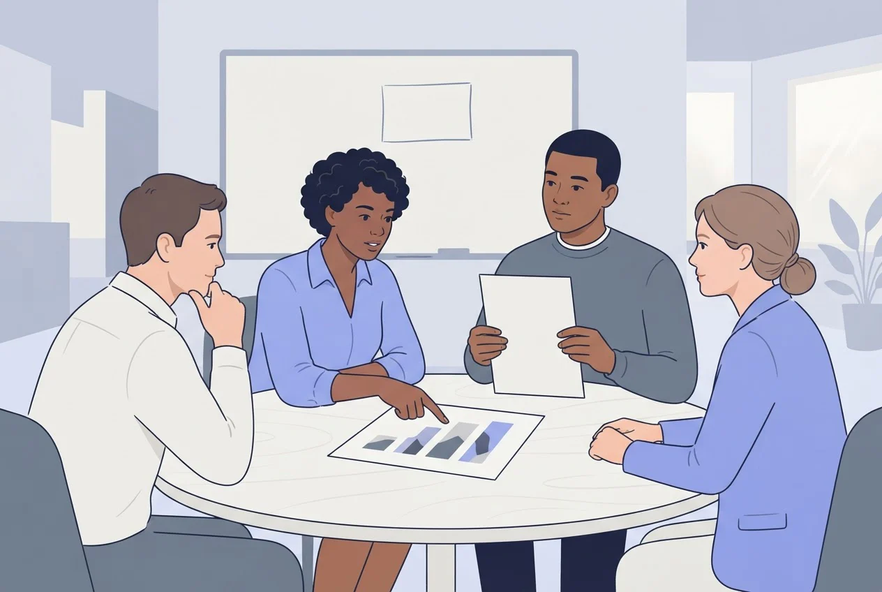Four colleagues around a meeting table look at a printed report while one holds up a blank sheet of paper.