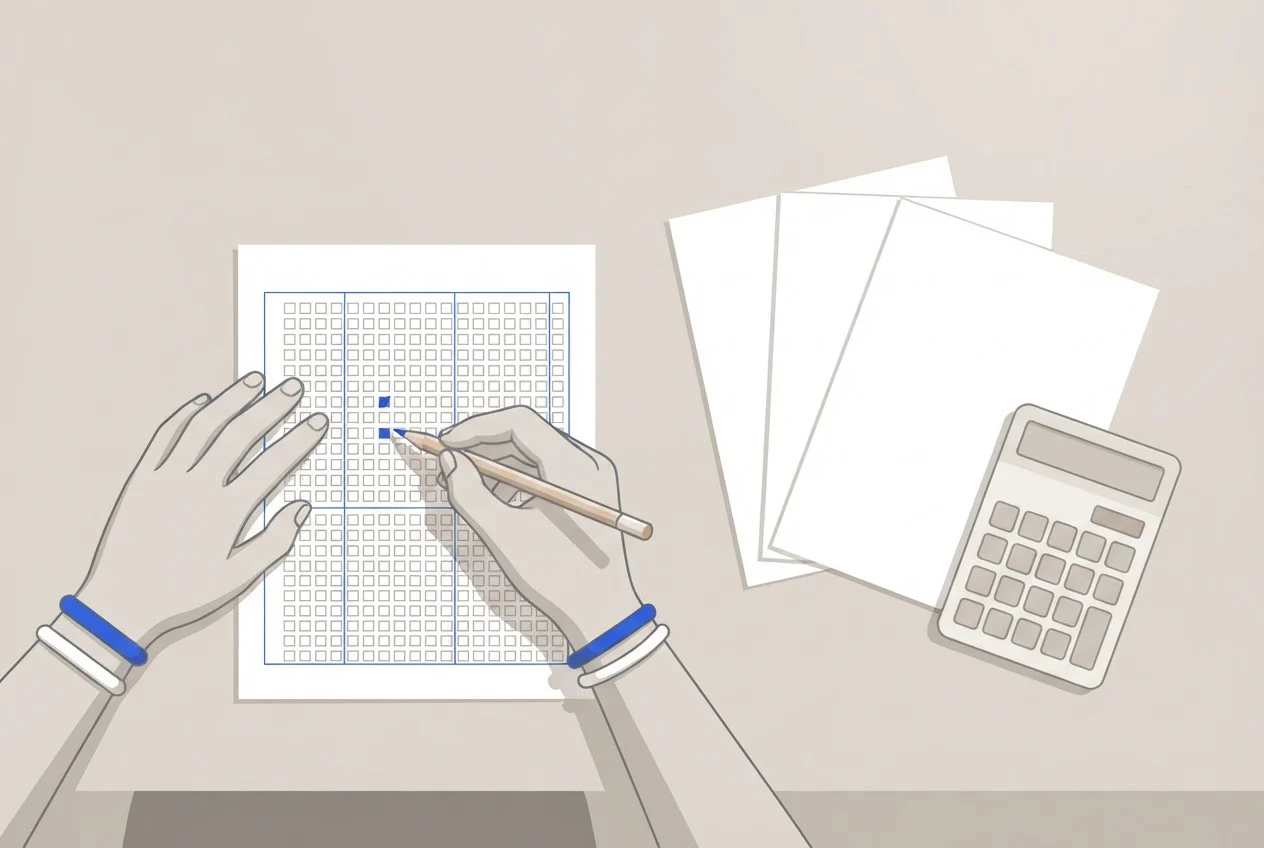 A student's hands go over four marked answer sheets with a pencil beside a calculator.