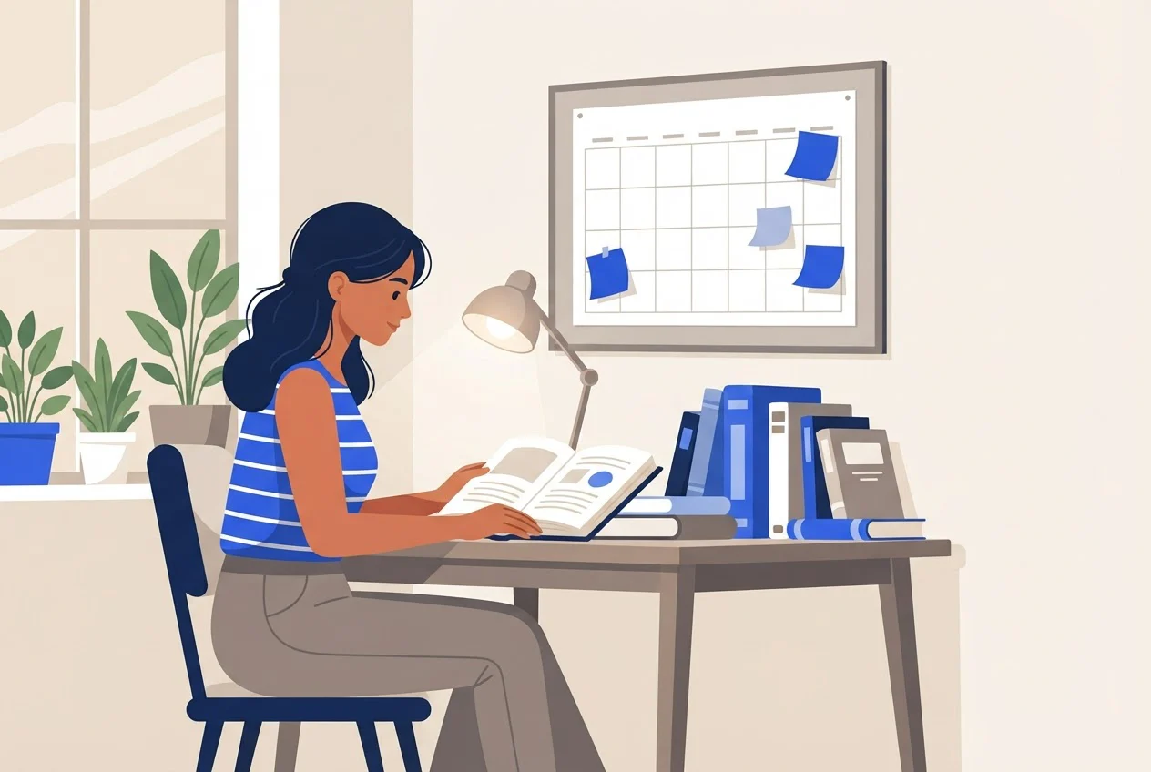 A student studies from an open textbook at a desk with a planner and sticky notes on the wall behind her.