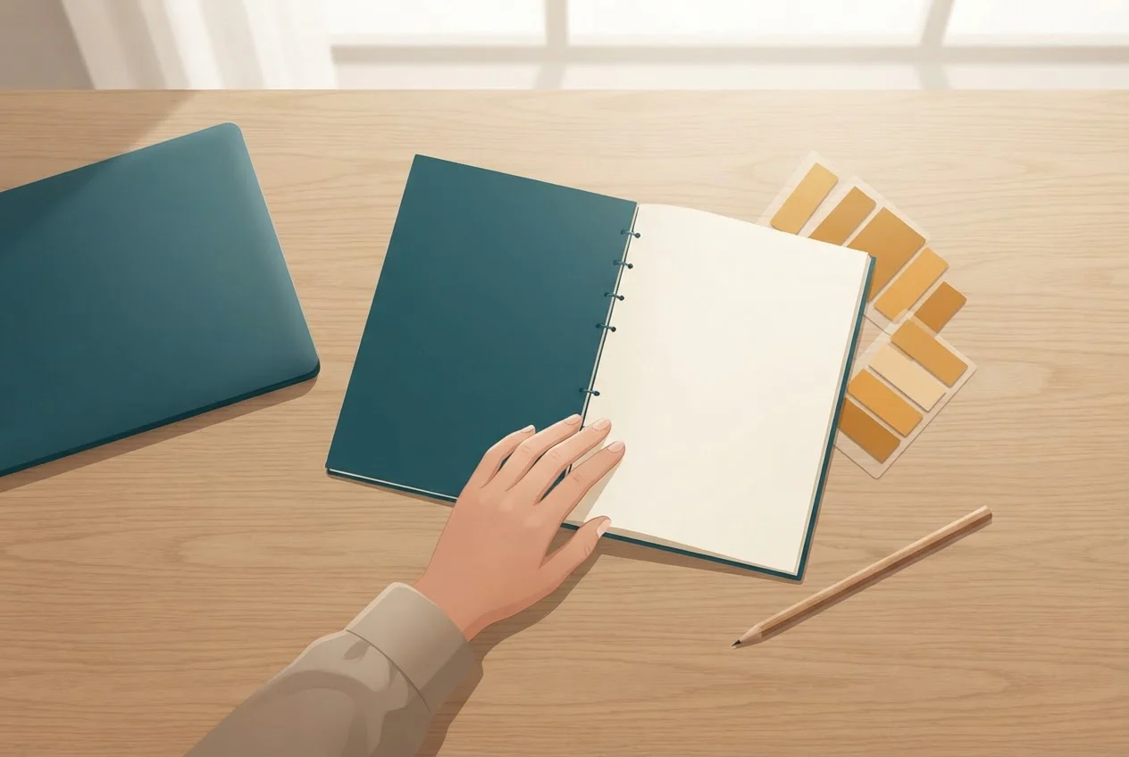 An open printed guide with sticky tabs and a pencil on a tidy study desk.