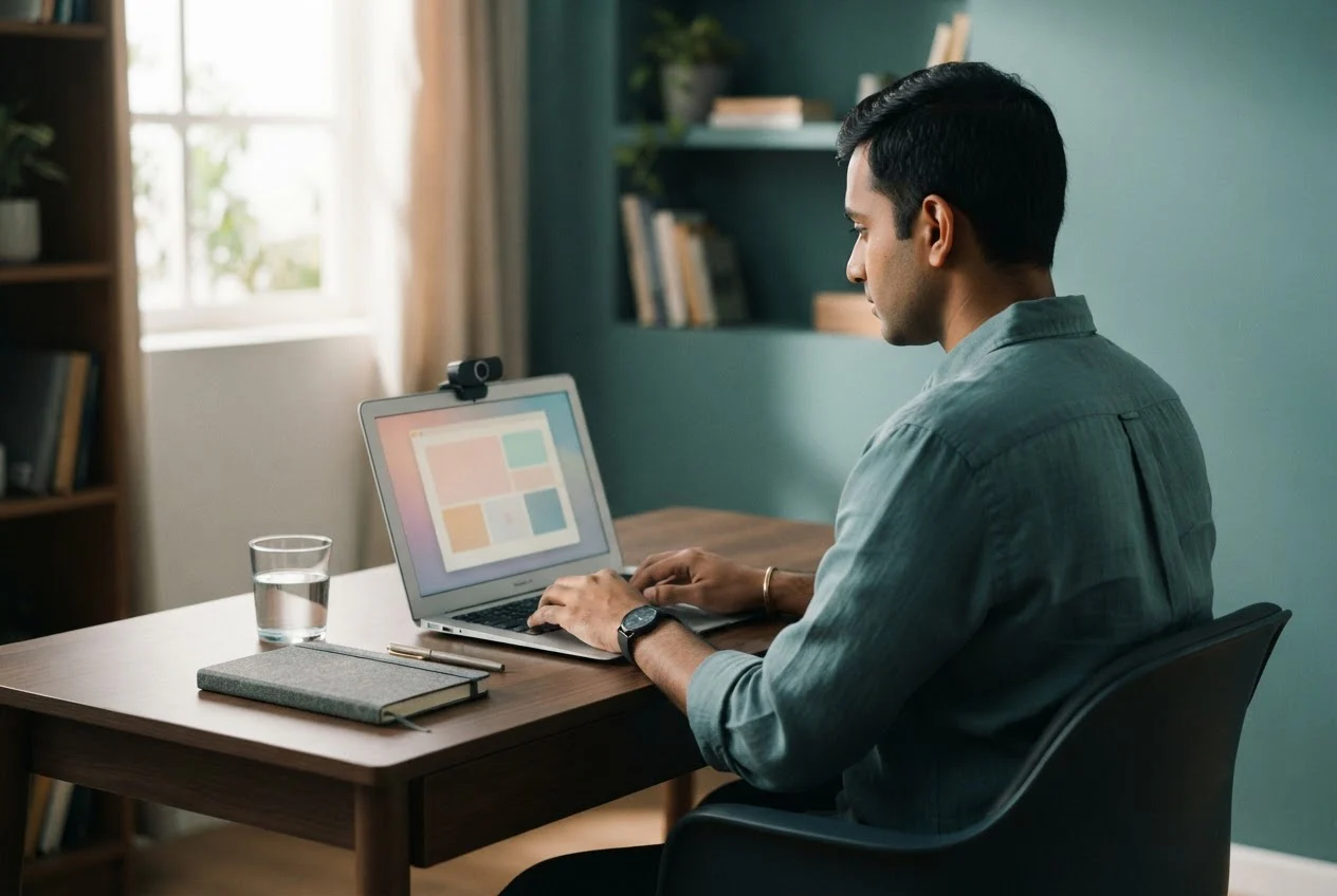 A candidate sits at a home desk taking an exam on a laptop with a webcam attached.
