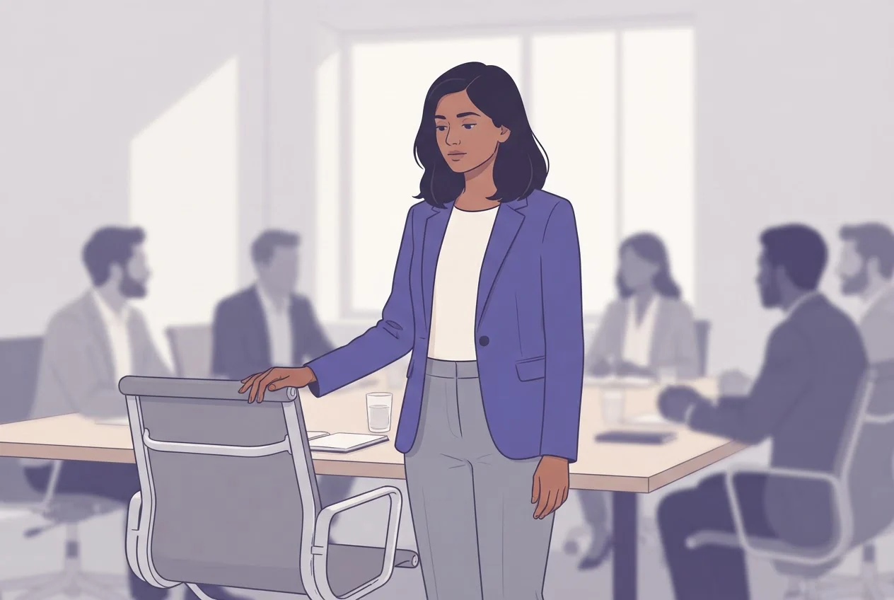 A woman stands calmly at a meeting table, pausing and breathing out before she answers.