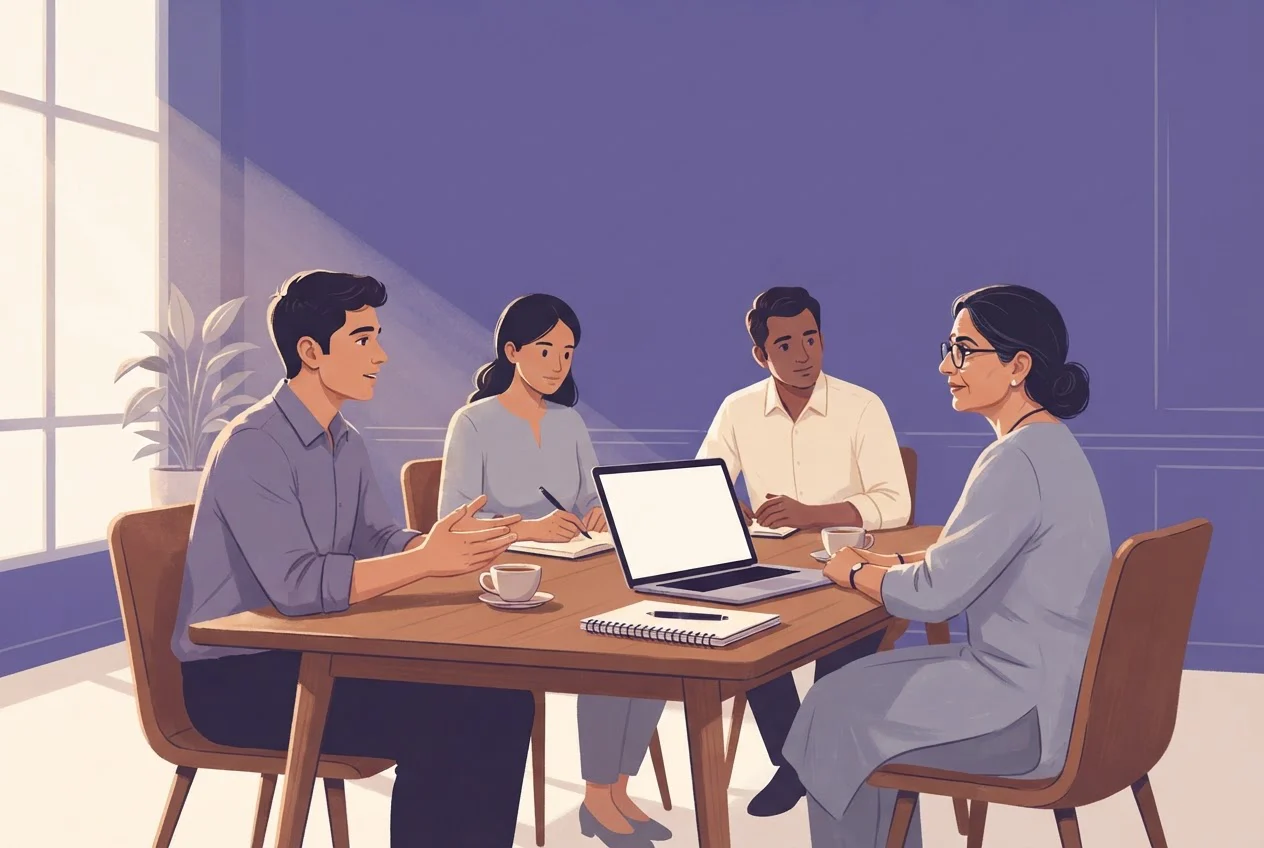 A manager turns to a team member who starts to answer during a small office review meeting.