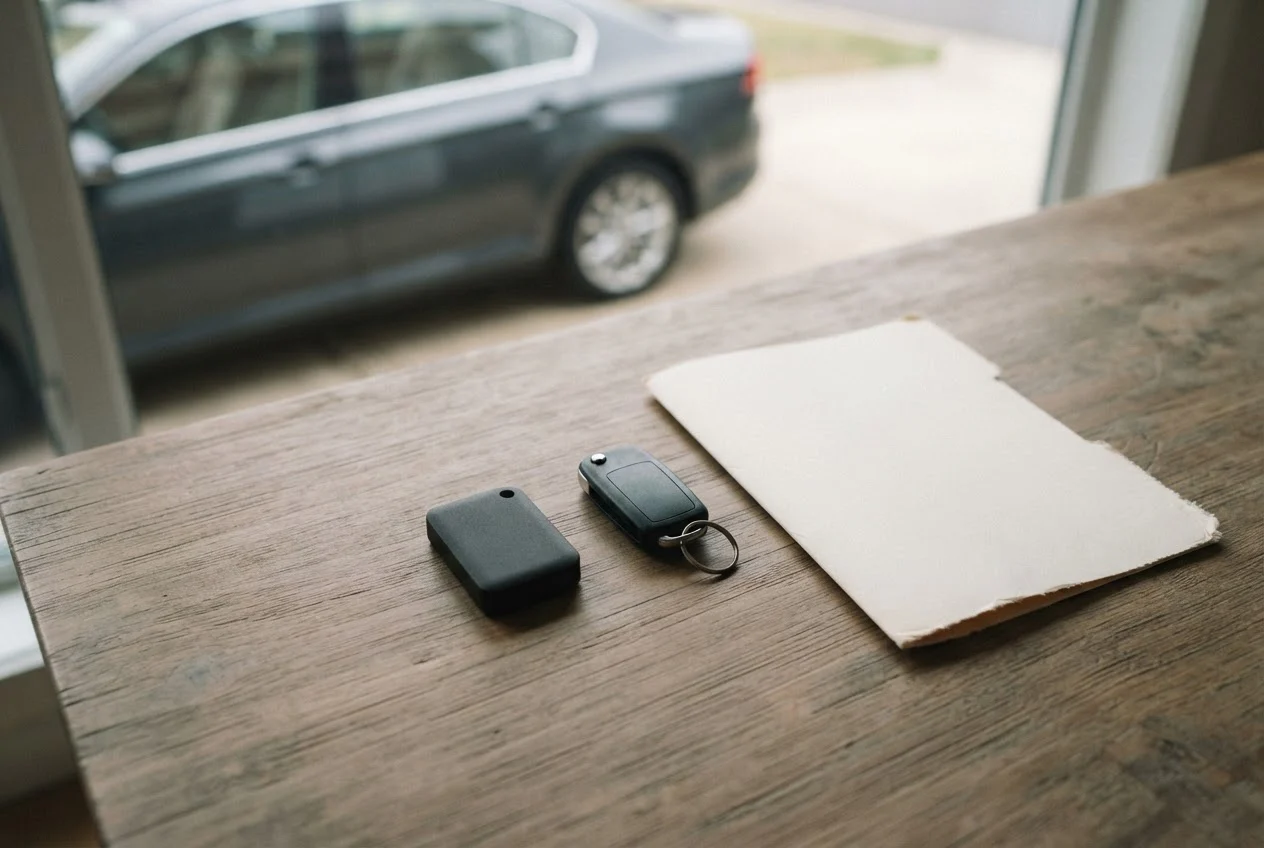A small GPS tracking device on a table next to a car key and a folder.