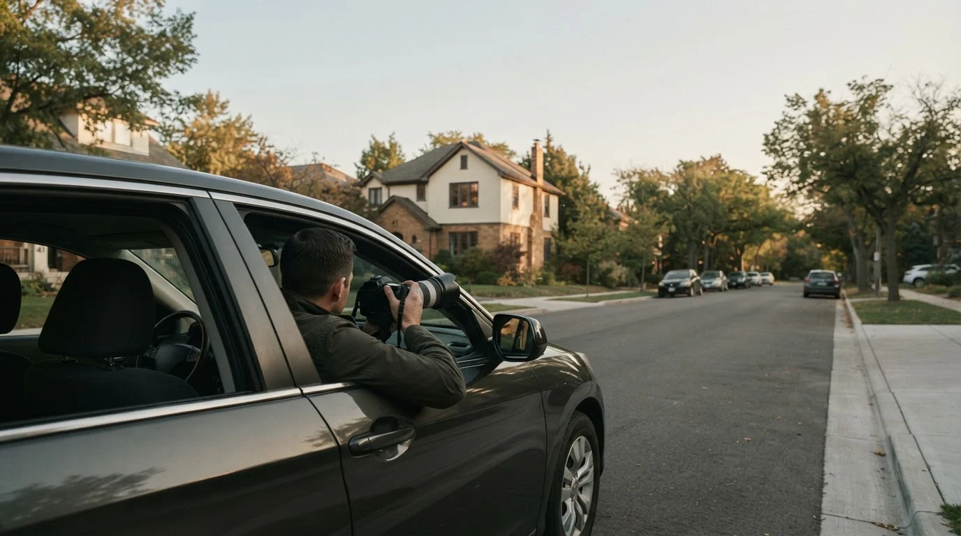 An investigator in a parked car points a long-lens camera out the window toward a house across a quiet street.