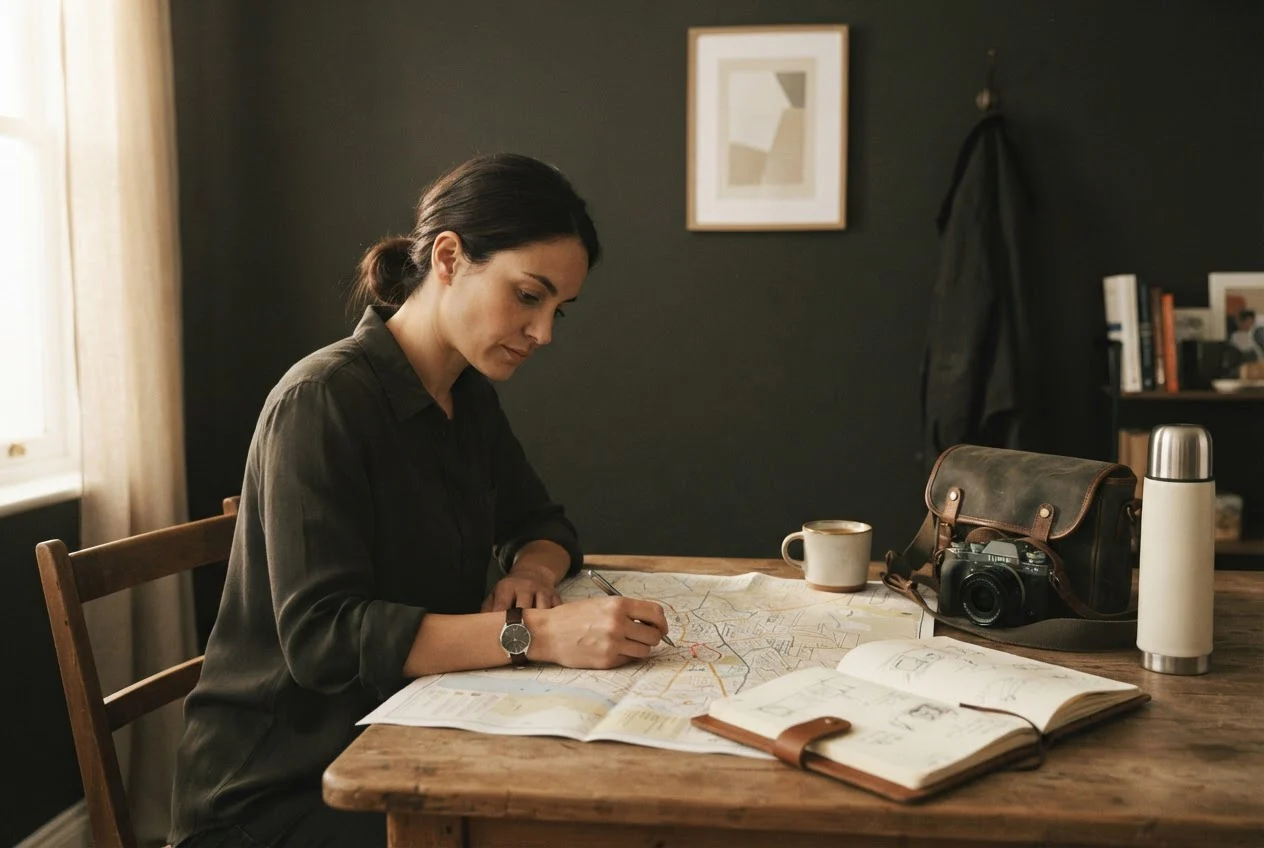 An investigator at a desk with a notebook, map and camera bag preparing for a surveillance job.