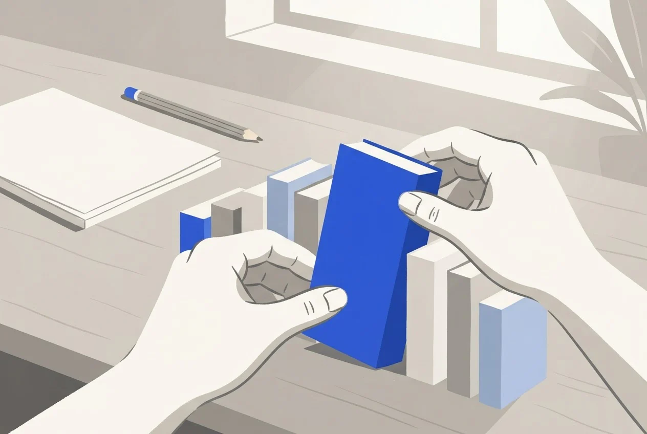 Hands arranging blocks of different heights from tallest to shortest on a desk.
