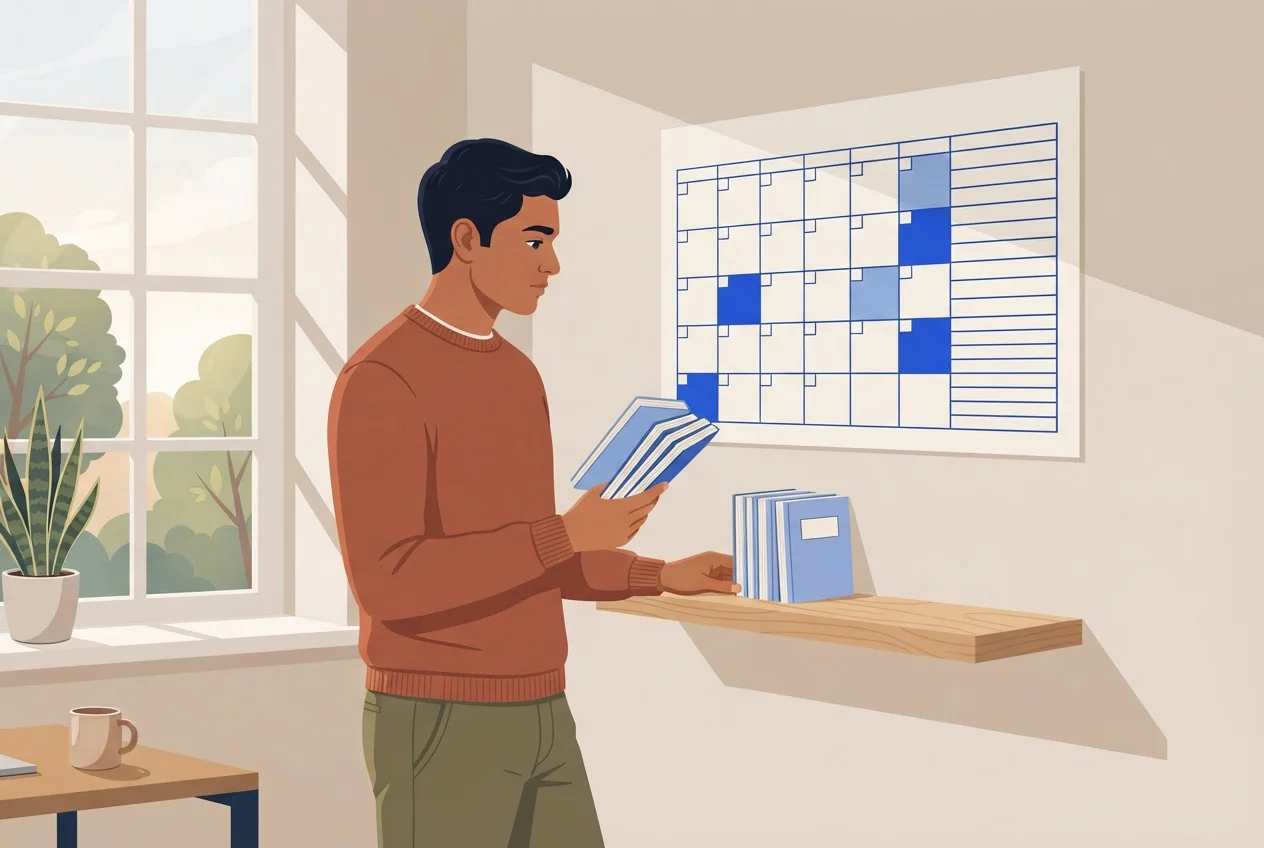 A student at a wall planner picks up one group of four booklets and leaves another group on the shelf.
