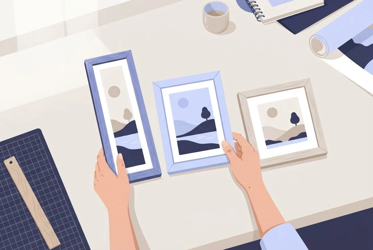 A designer arranges three frames of different proportions, each showing the same picture cropped differently.