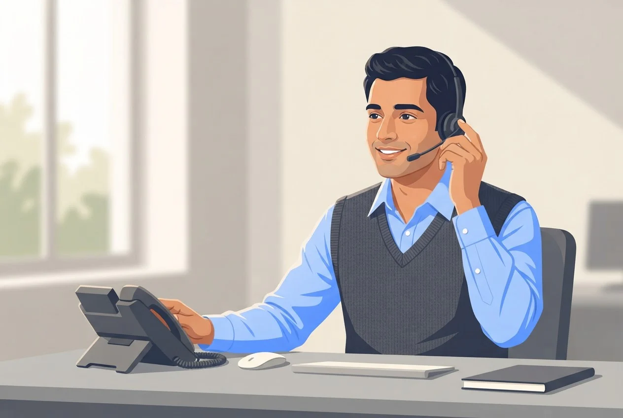 An Indian telecaller politely lifts his headset away and ends a call with a smile.