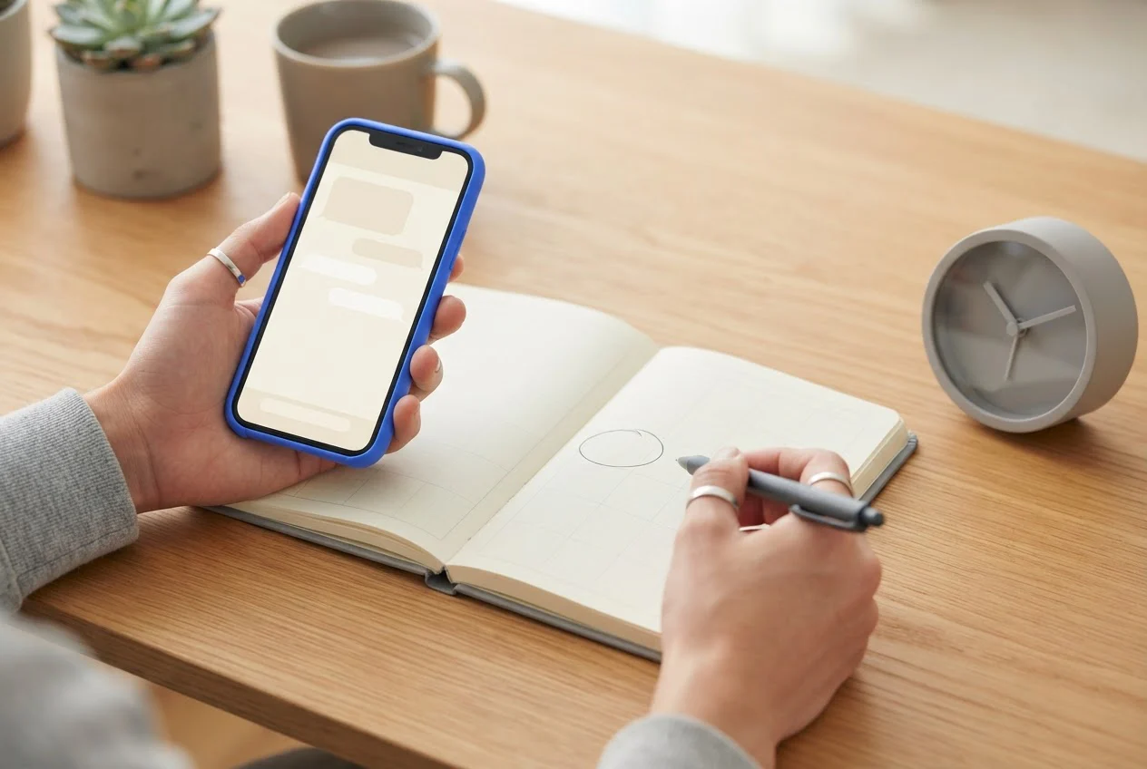 A hand holding a phone with an empty chat while another hand holds a pen over a paper diary page.