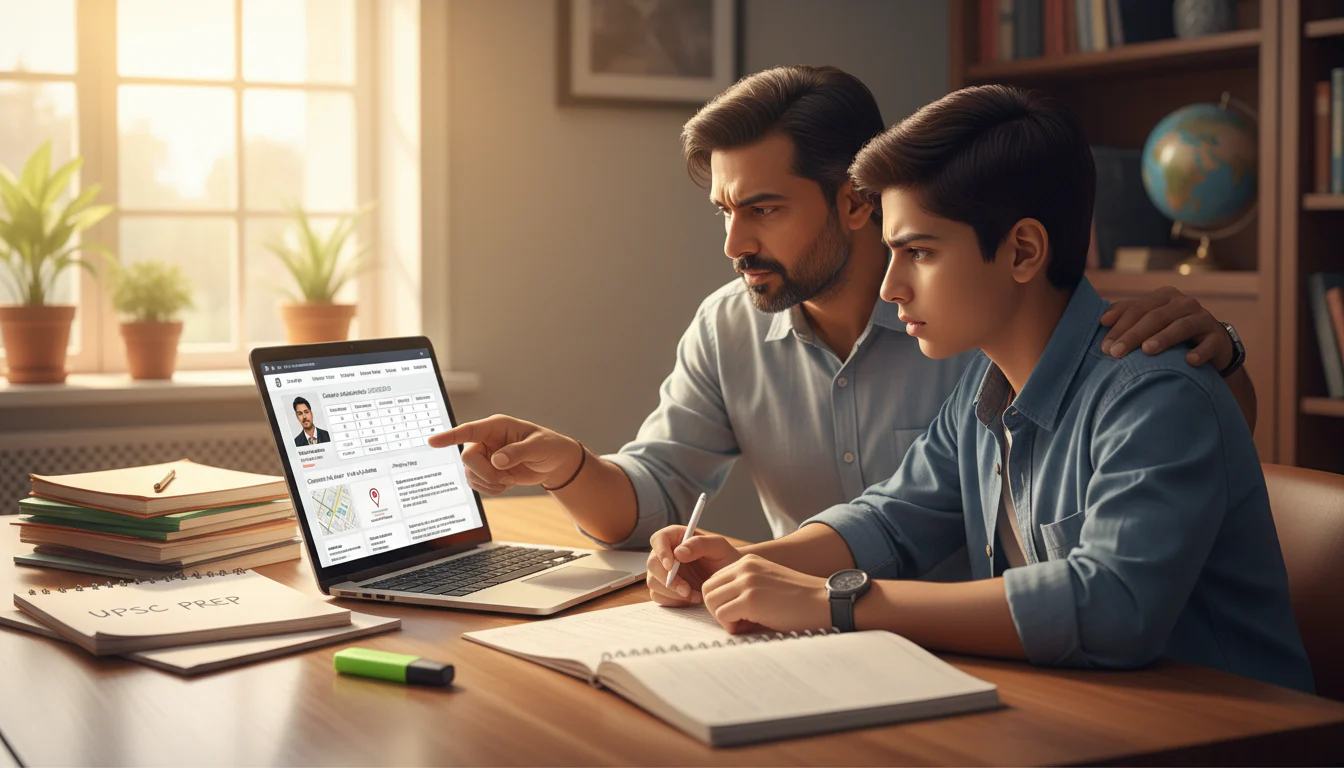 Parent verifying UPSC course details on a laptop