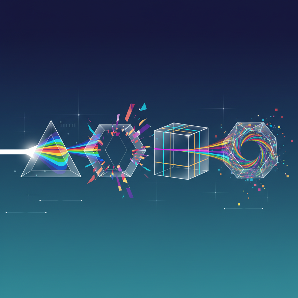 Stylized illustration of four geometric glass prisms refracting light beams into distinct patterns.