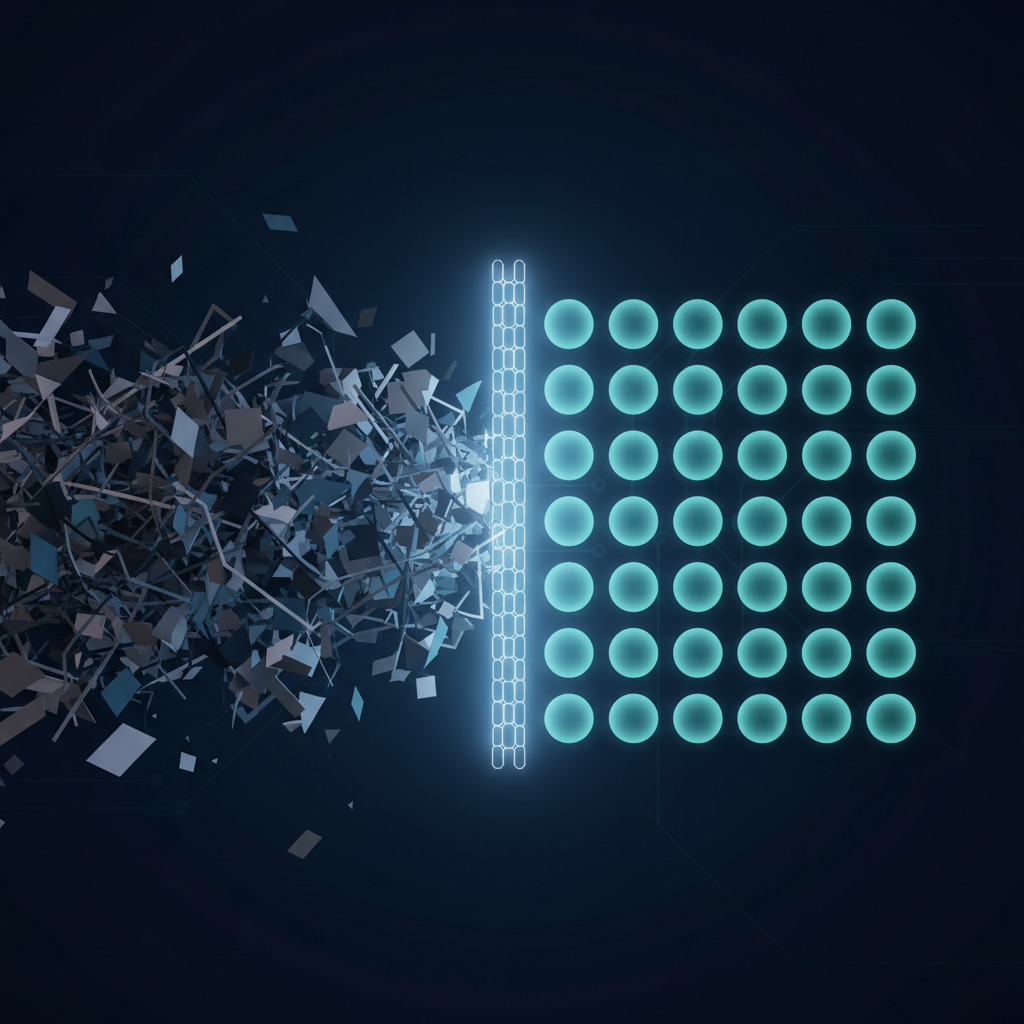 Abstract sorting system filtering chaotic shapes into clean, organized glowing spheres.