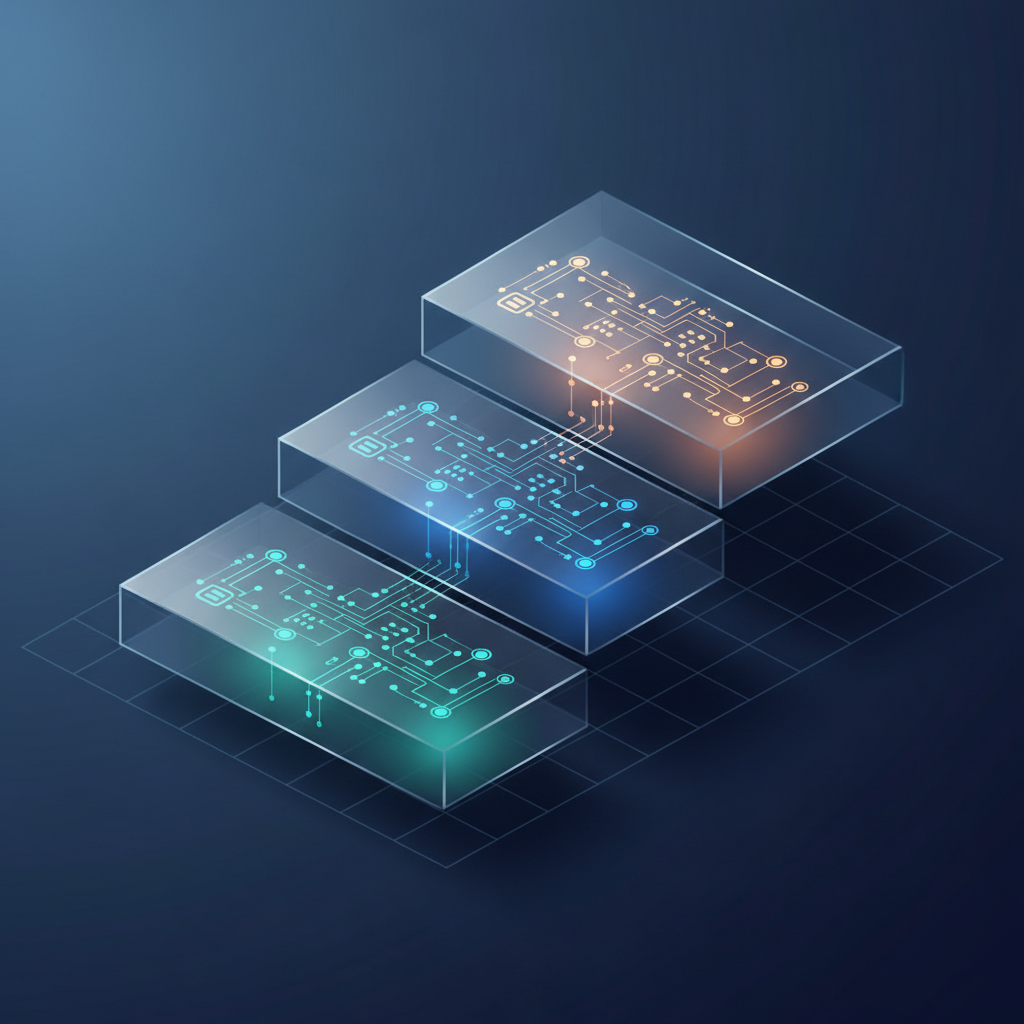 Isometric view of balanced, multi-layered data visualization blocks representing comparable metrics.