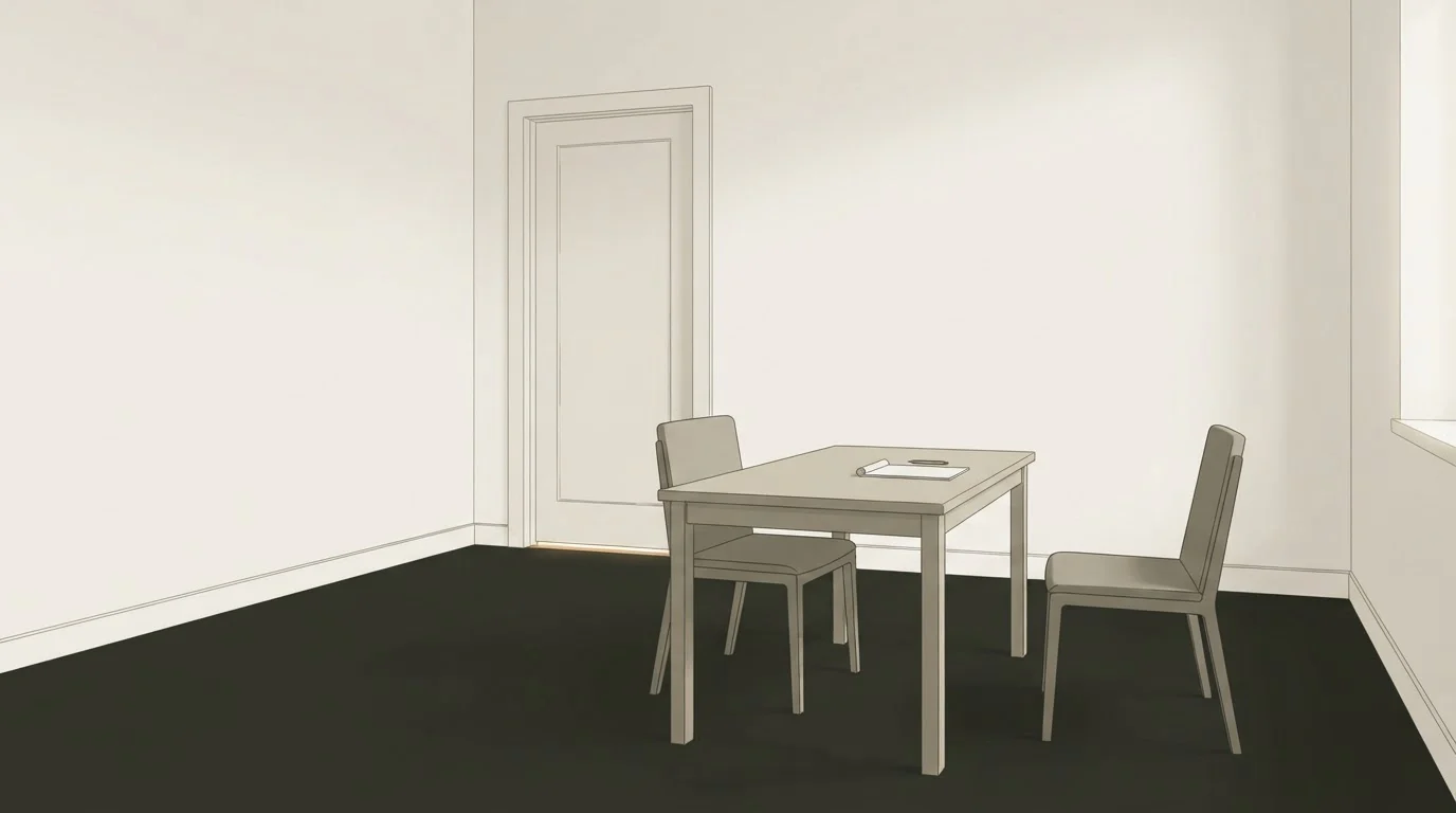 An empty interview room with two chairs facing each other across a small table holding a notepad and pen.