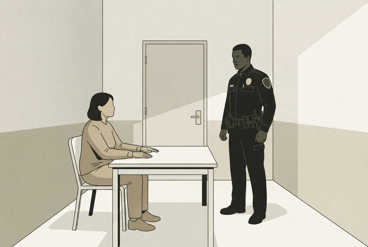 A uniformed officer stands across a table from a seated person in a small room with a closed door.
