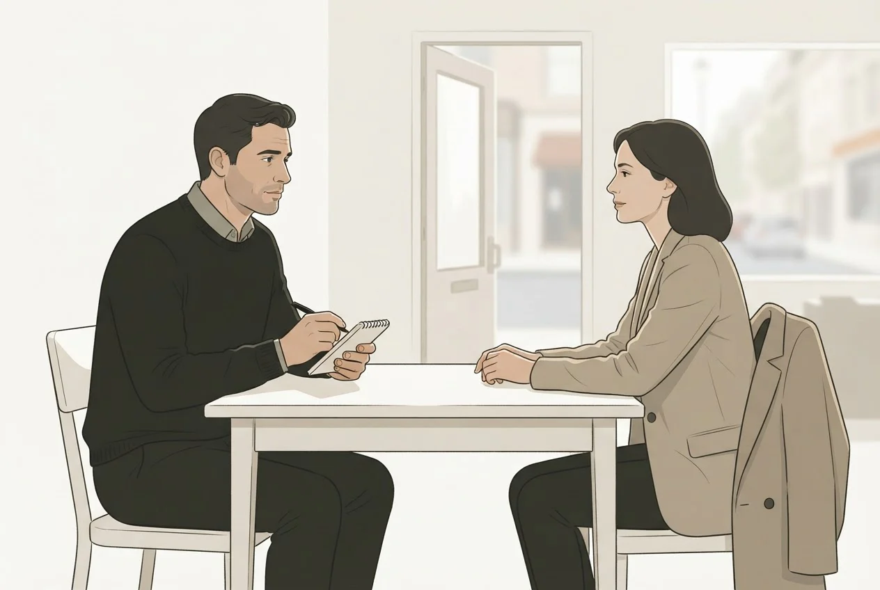 A private investigator takes notes while a relaxed witness sits across the table near an open door.
