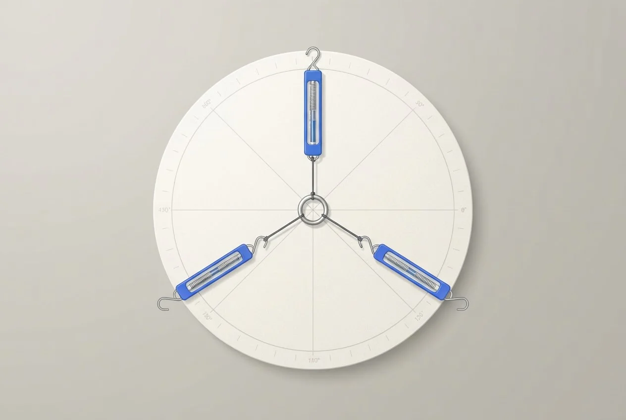 Three spring balances pull three cords that meet at one ring on a flat circular force table, holding it still.