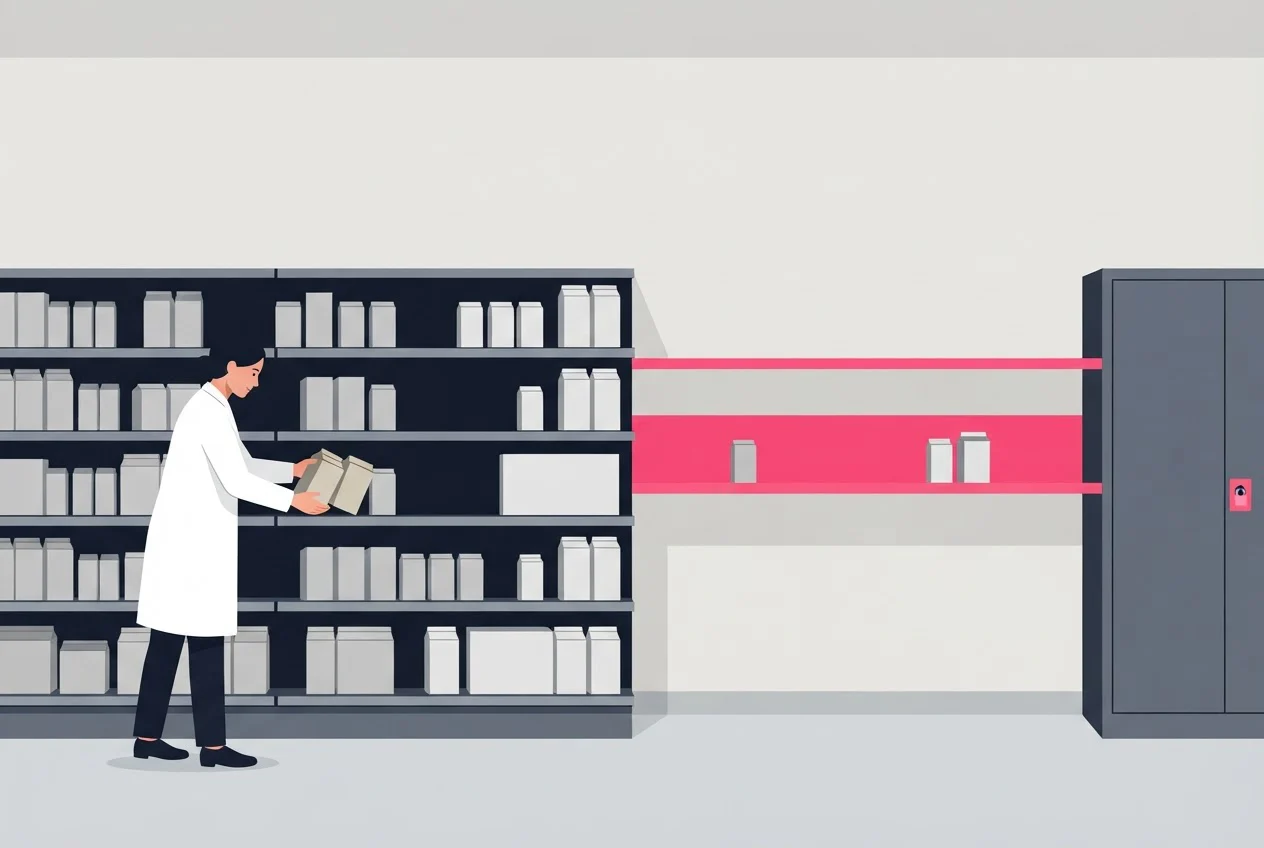 A storekeeper moves older cartons forward on a shelf, beside a separate near-expiry shelf and a locked cupboard.