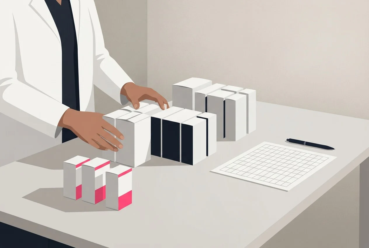 A pharmacist at a worktable sorts medicine cartons into three groups beside a blank grid sheet.