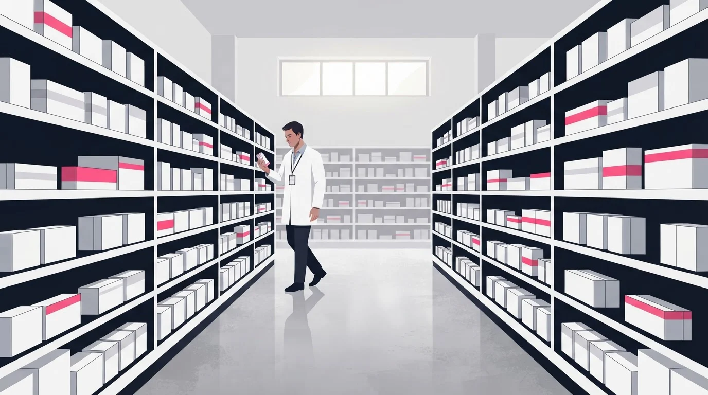 A storekeeper in a white coat checks a medicine carton while walking along tall shelves in a hospital drug store.