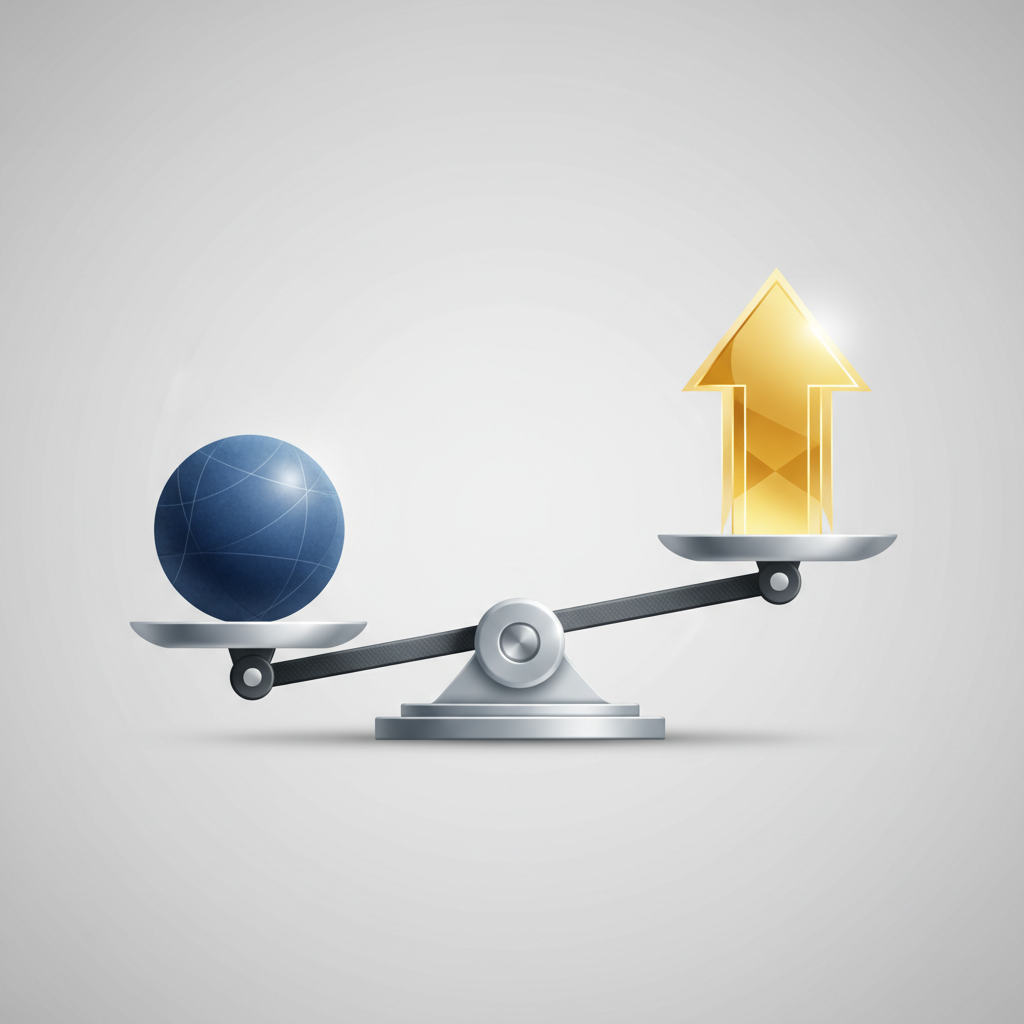 A minimalist editorial graphic of a balanced scale weighing a solid blue sphere of risk against a dynamic golden upward arrow of opportunity.