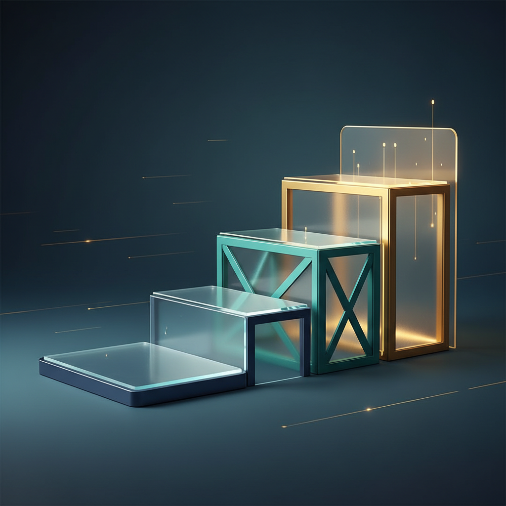 An abstract architectural diagram showing three distinct ascending glass-like steps representing different tiers of professional support.