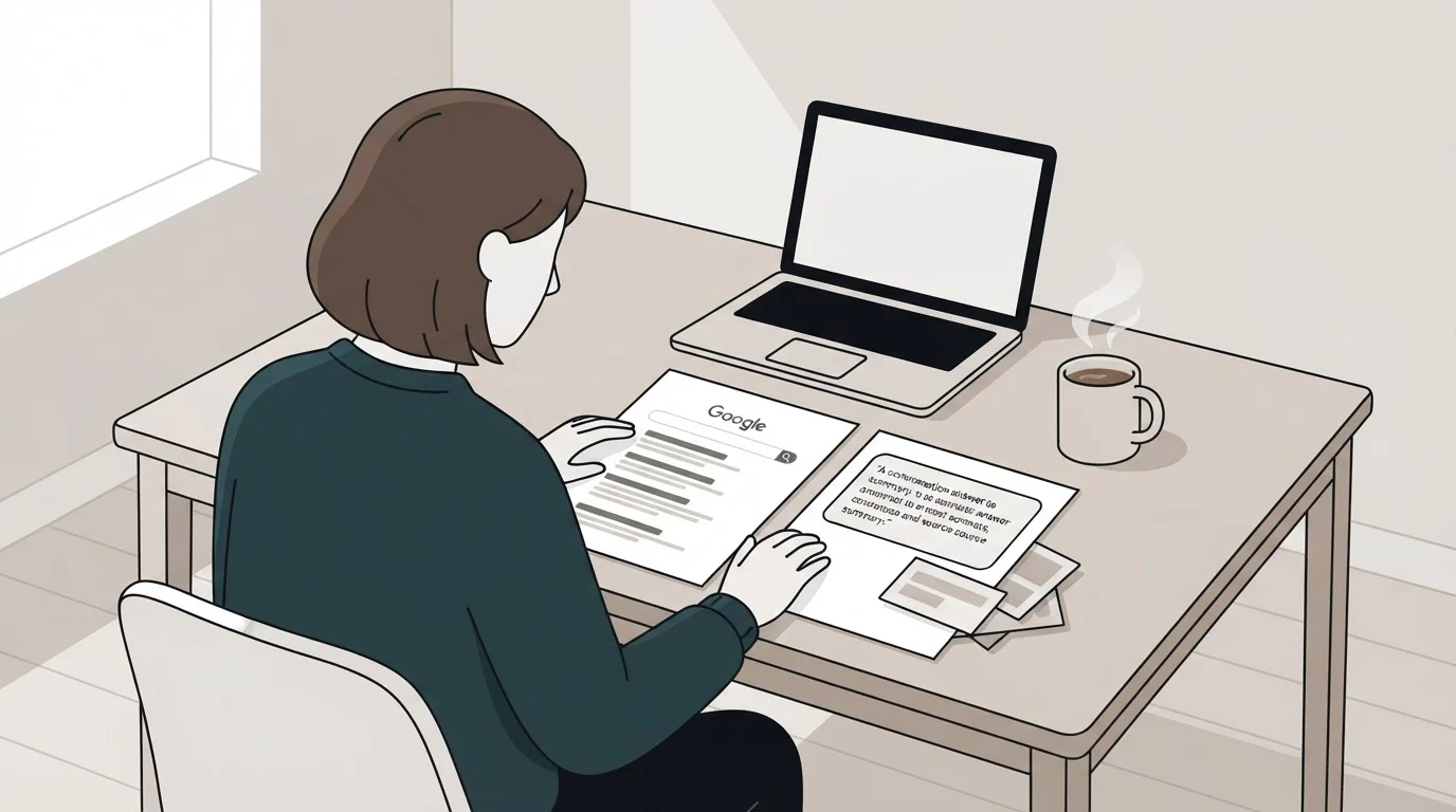 A marketer at a desk compares a printed page of search results with a short conversational answer card.